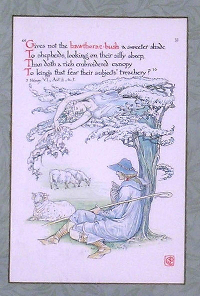 Hawthorne Bush with Shepard and Sheep - Academic Print by Walter Crane