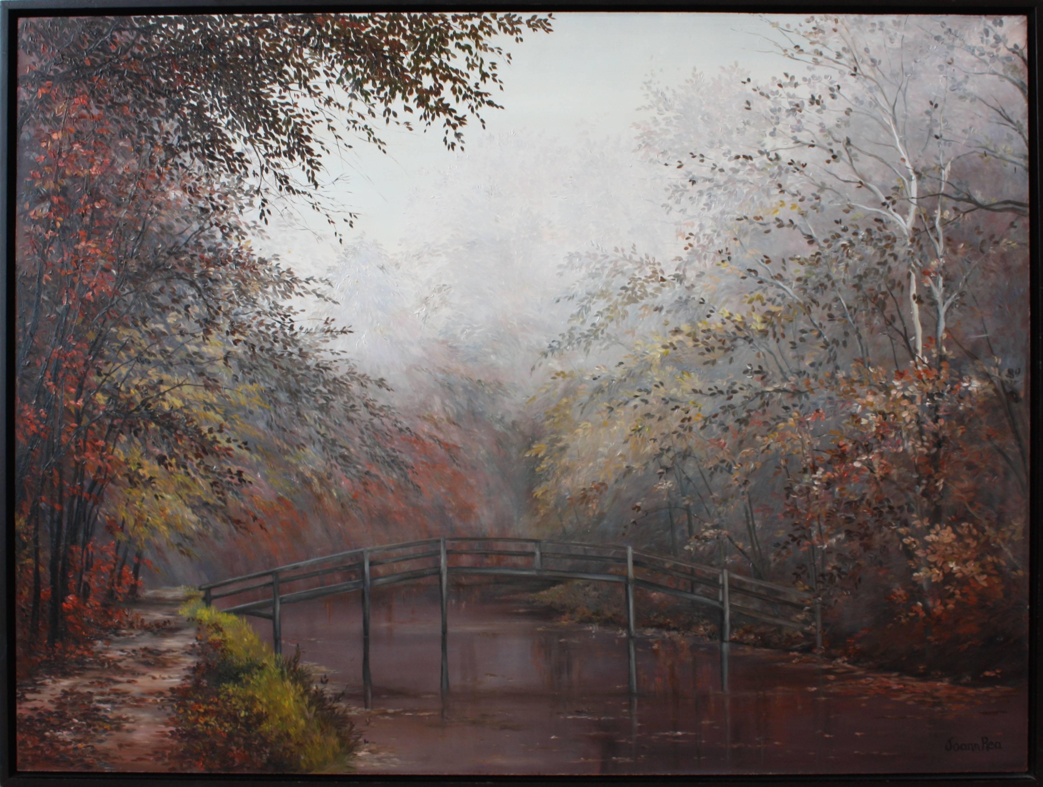 Bridge Over Quiet Water - Brown Landscape Painting by Joann Rea