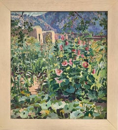 Adobe Garden with Hollyhocks