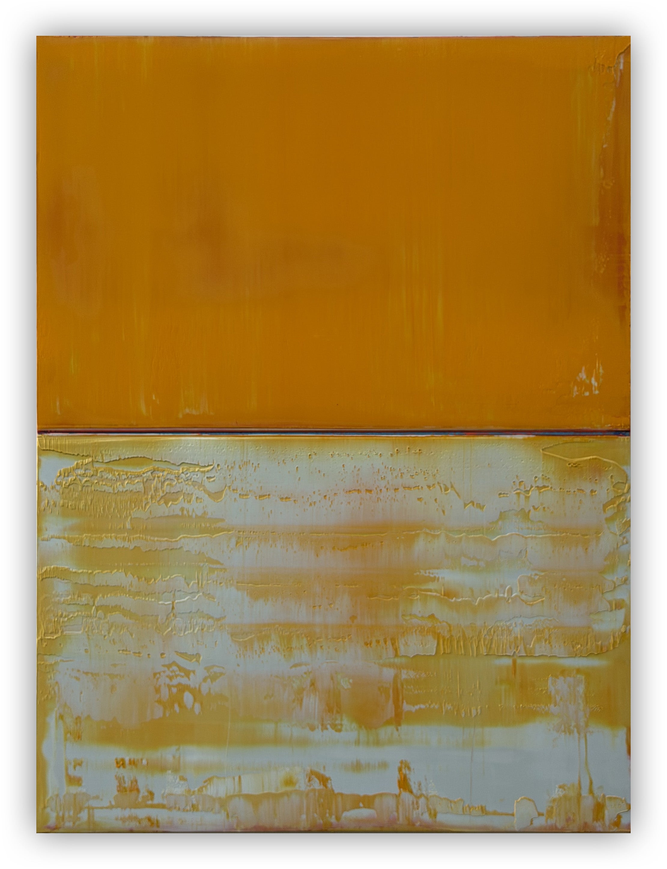 Boecker begins each new work by penciling in his composition. But the work ultimately is about the colors and layers that will evolve on the surface over time. He builds his paint up in a slow process, adding layers of color then partially removing