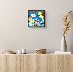Ohne Titel (Abstraktes Bild mit blauem Hintergrund, gelben Formen und einem Augenmotiv)