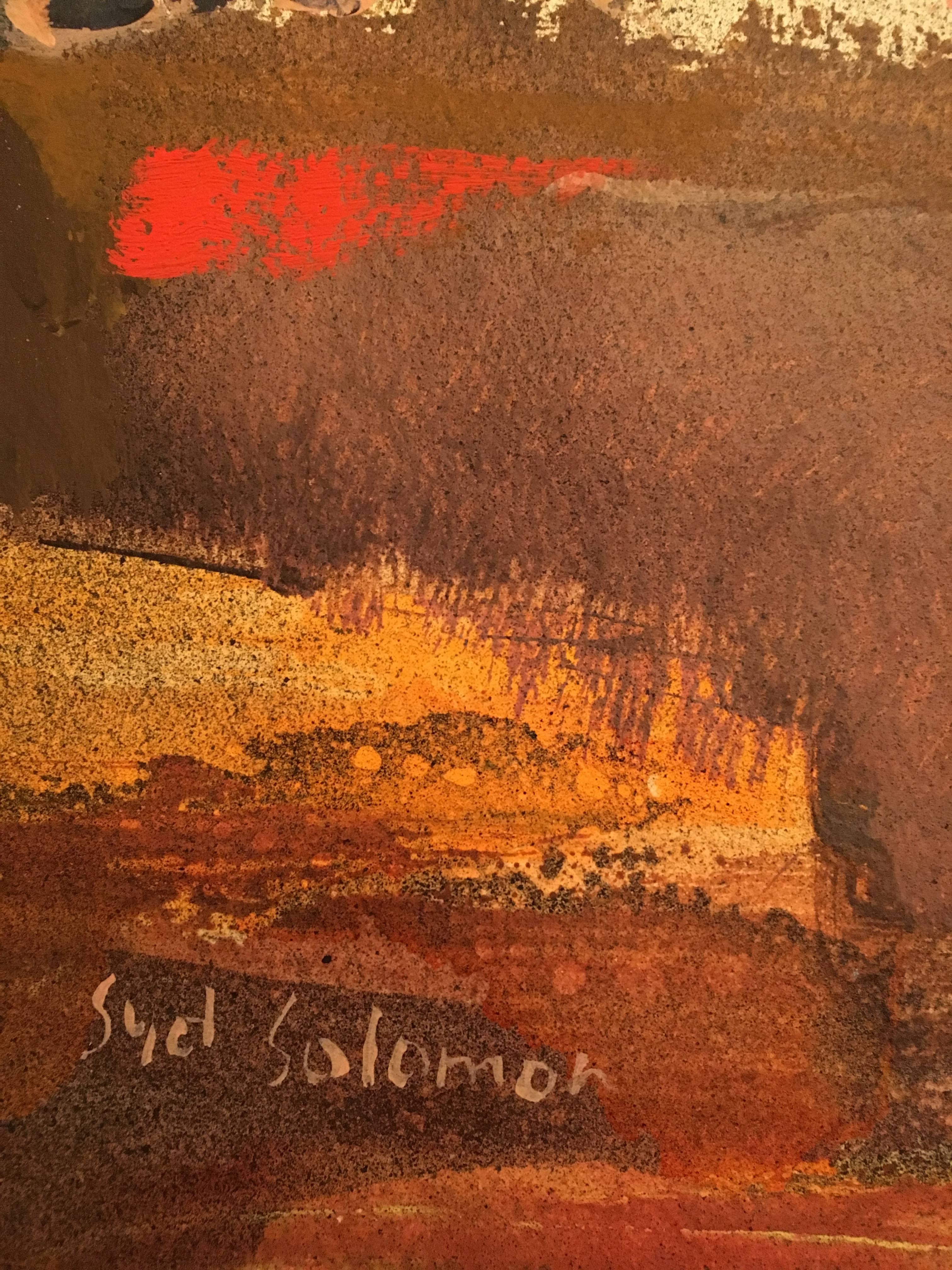 Gorgeous gouache on heavy paper by Syd Solomon. Surfsound was painted in 1962. It retains an entry card from The Sisterhood of Beth El Temple with Syd Solomon's name, Shore Gallery, Bewberry St., Boston.  

Beautiful brown, rust, orange, gray,