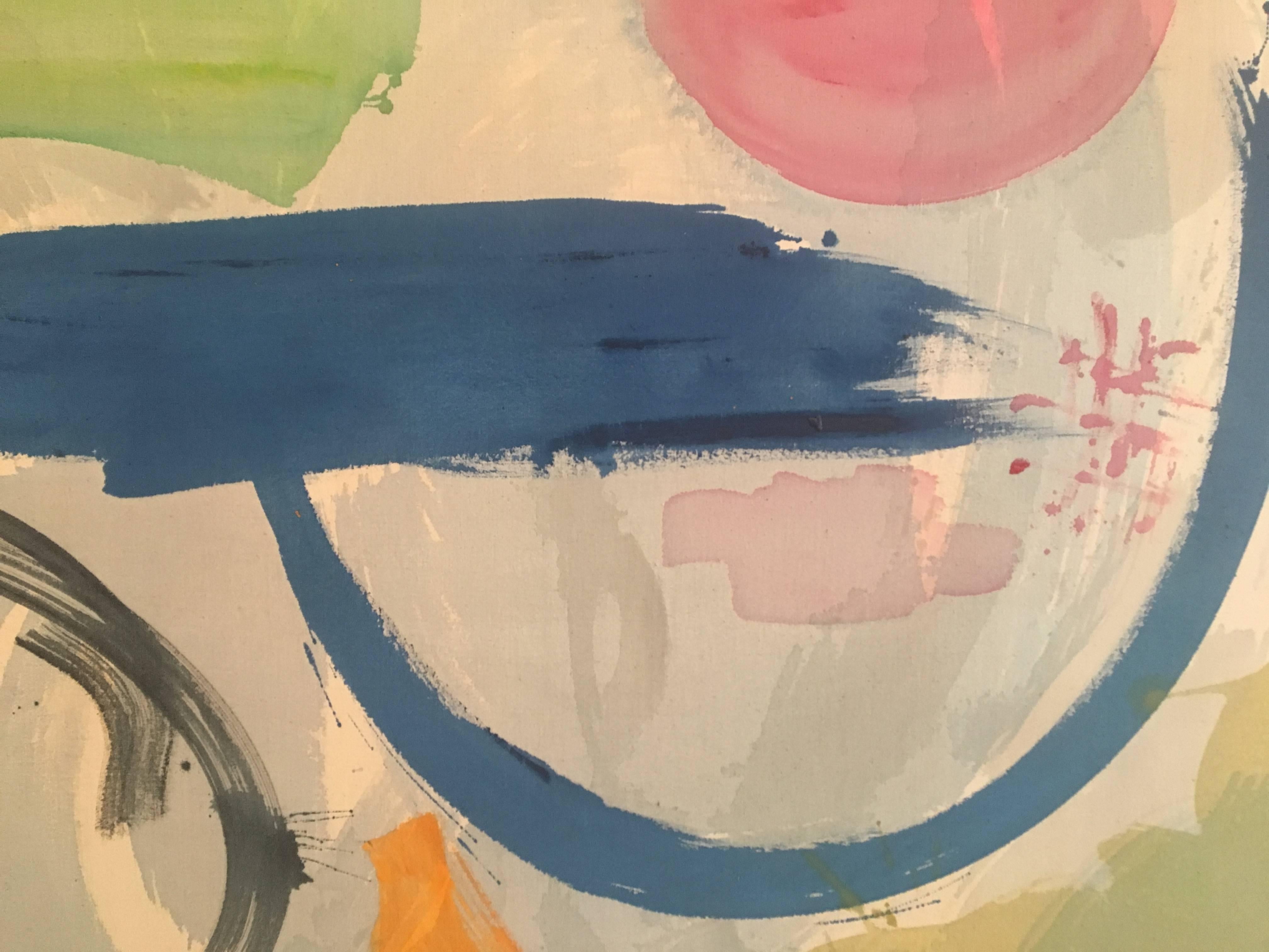 Gorgeous large scale abstract by British artist Mali Morris. Peach undertones with French blue, Prussian blue, pink, green, orange, beige and black. The piece measures 48 x 60 and is signed, titled and dated on the back. Provenance: Boca Raton