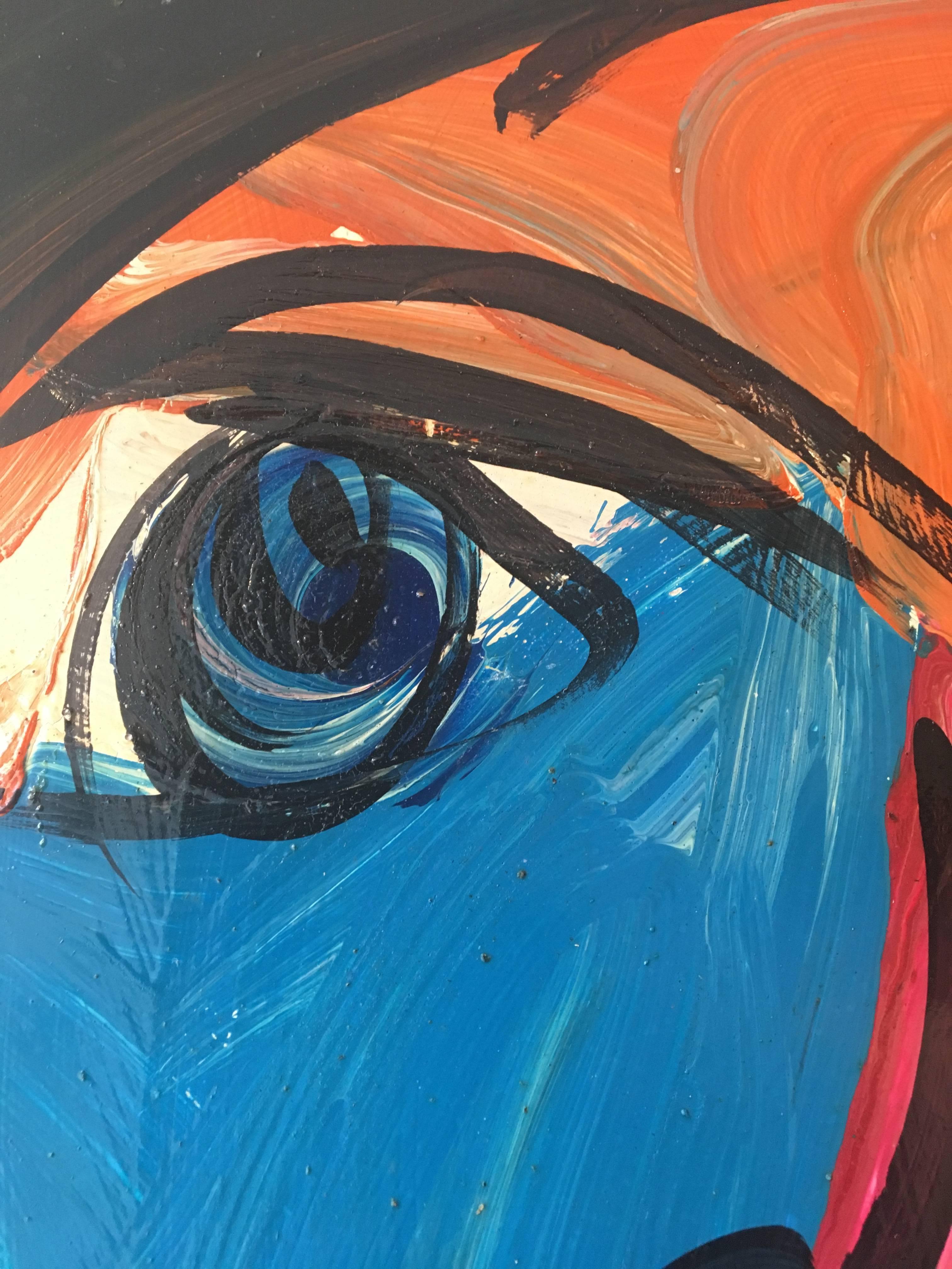 Very expressive  face by Peter Robert Keil. The piece was painted in Barlin in 1975 and was included in Peter's solo exhibition at the Peanut Gallery in June of 2017. It measure 24 high x 20 wide unframed. It is currently framed in a dark wood