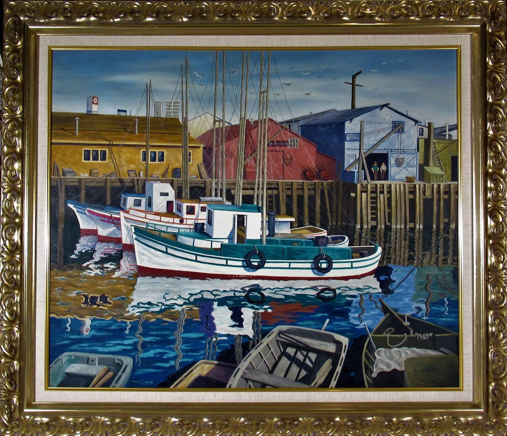 George Leslie Stout Figurative Painting - Cannery Row Pier, Monterey California