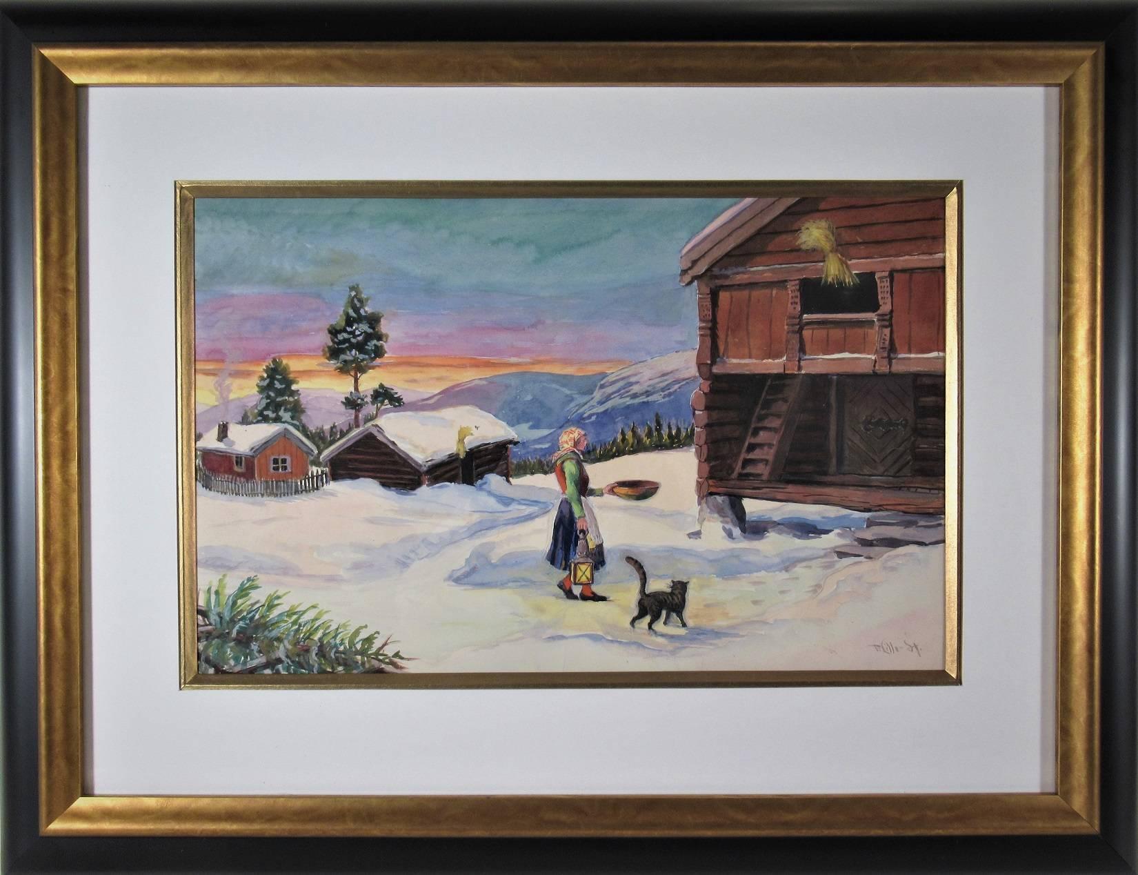 Paul Lilo Stenberg Figurative Art - Winter Landscape, with Woman and Cat