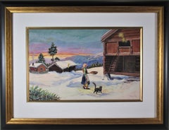 Paisaje de invierno, con mujer y gato