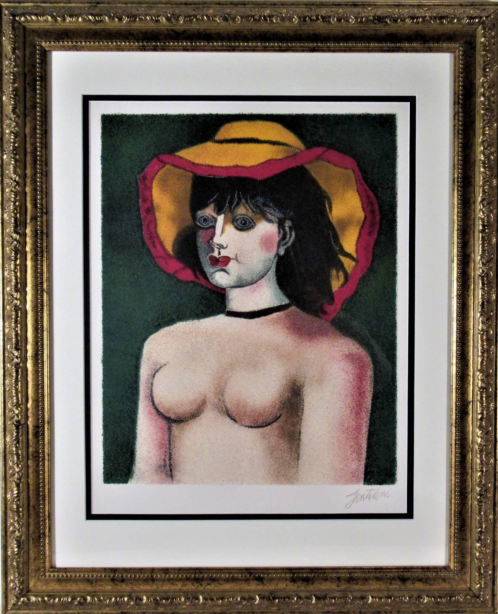 Figurative Print Franco Gentilini - Woman with Hat (Femme avec chapeau