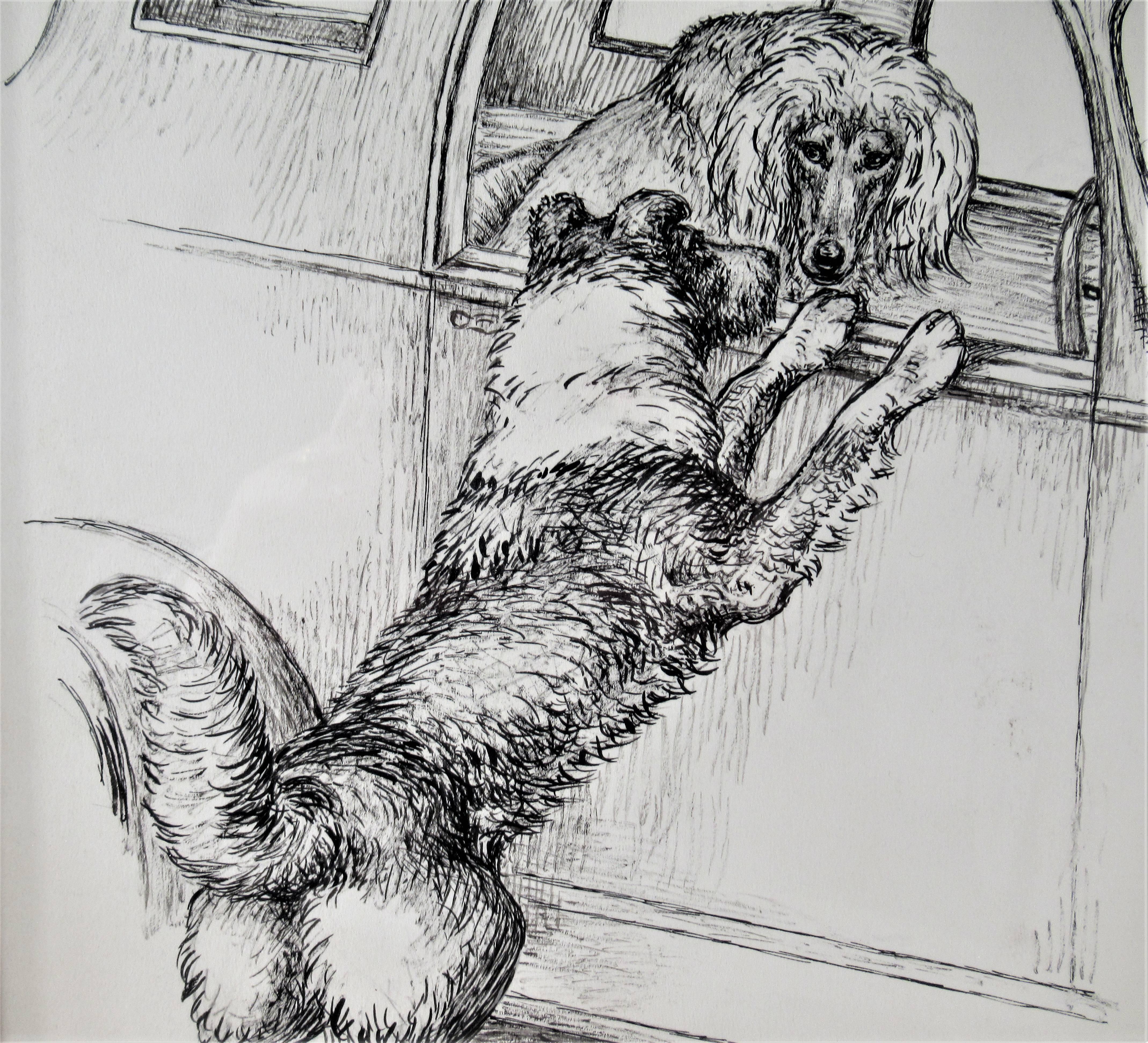 Dog in the Car - Gray Animal Art by Margaret Sweet Johnson