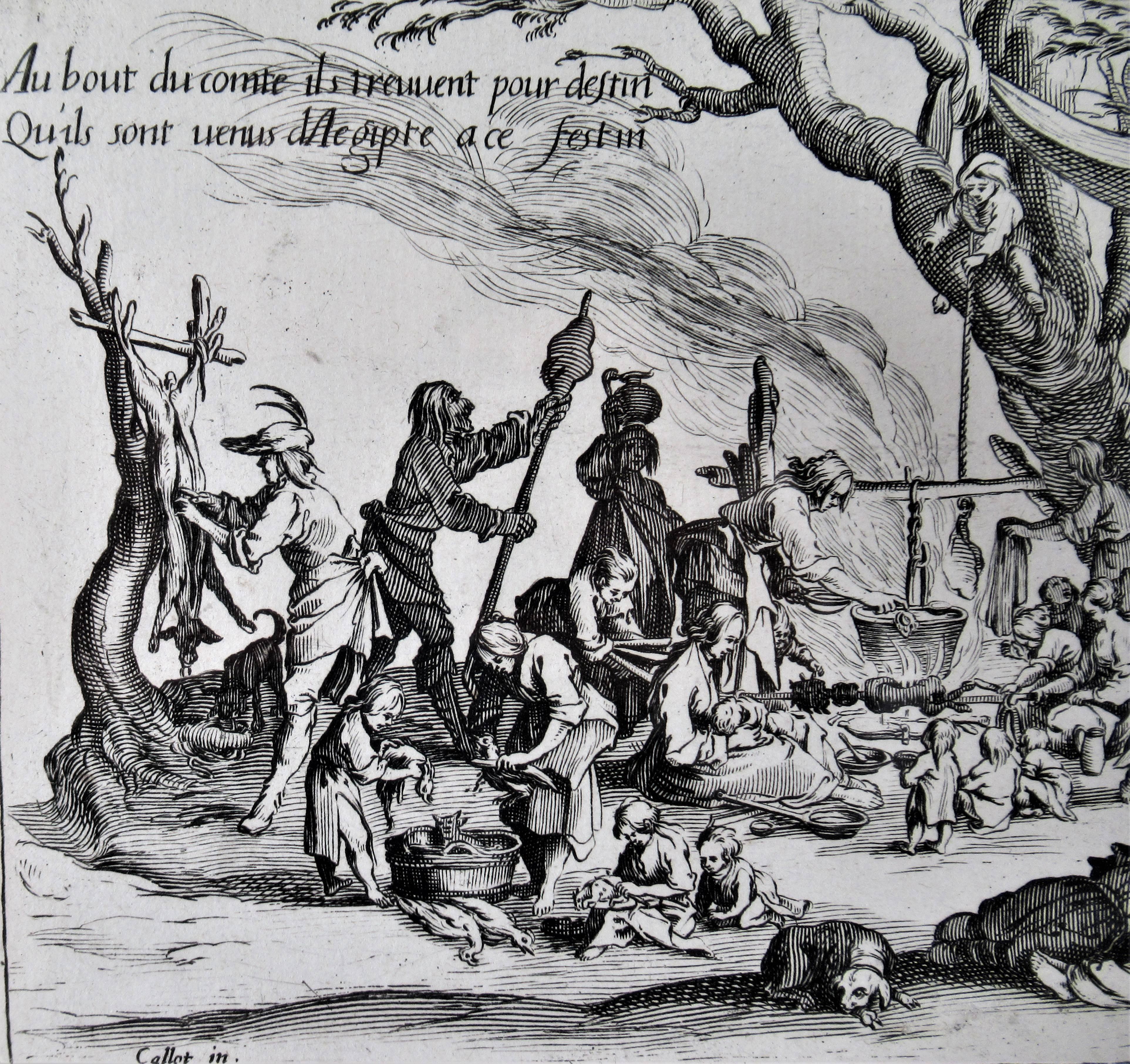 La fête, de la suite des bohèmes - Gris Figurative Print par Jacques Callot