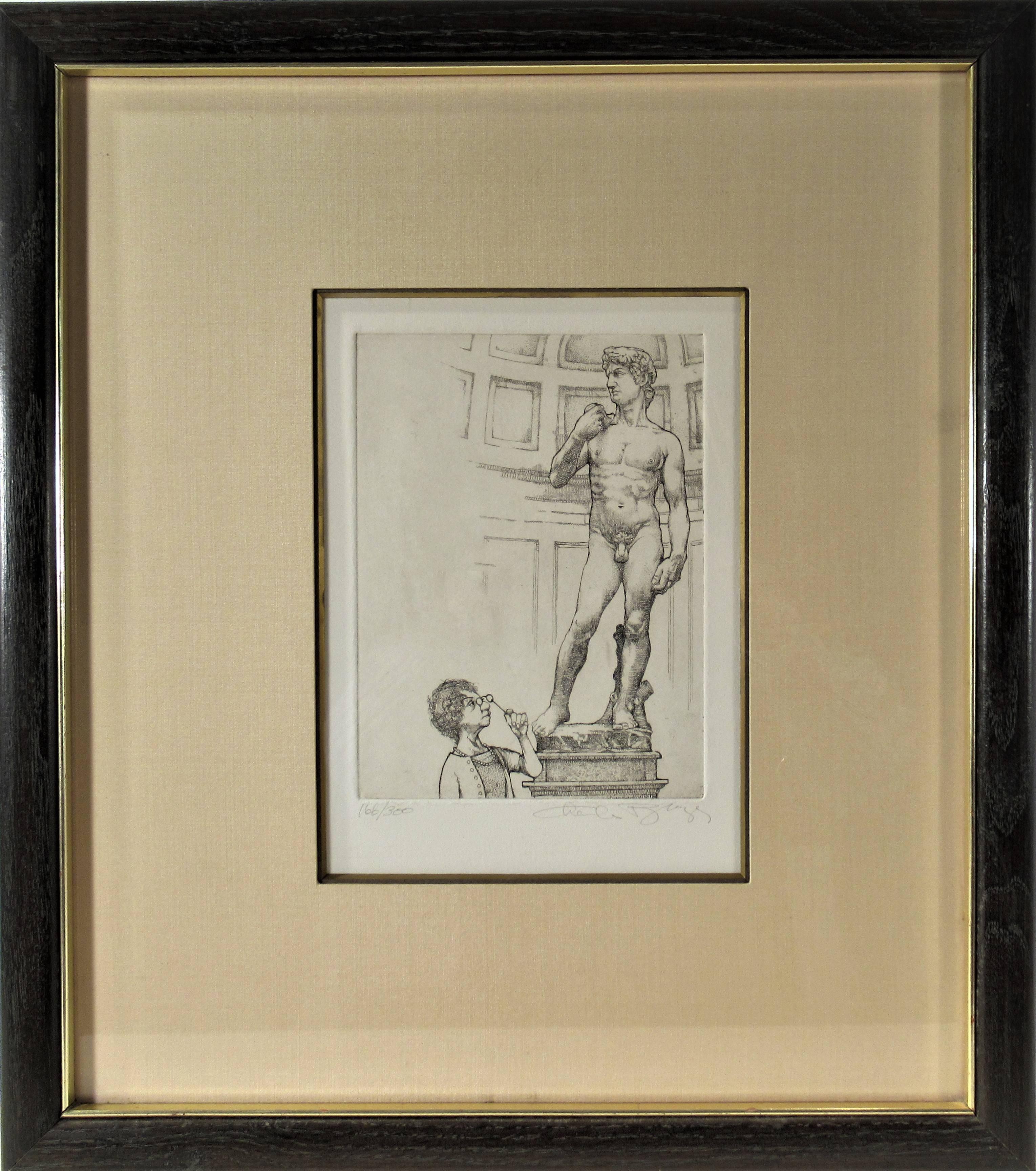 Charles Bragg Figurative Print - Untitled, Old woman looking a naked man sculpture