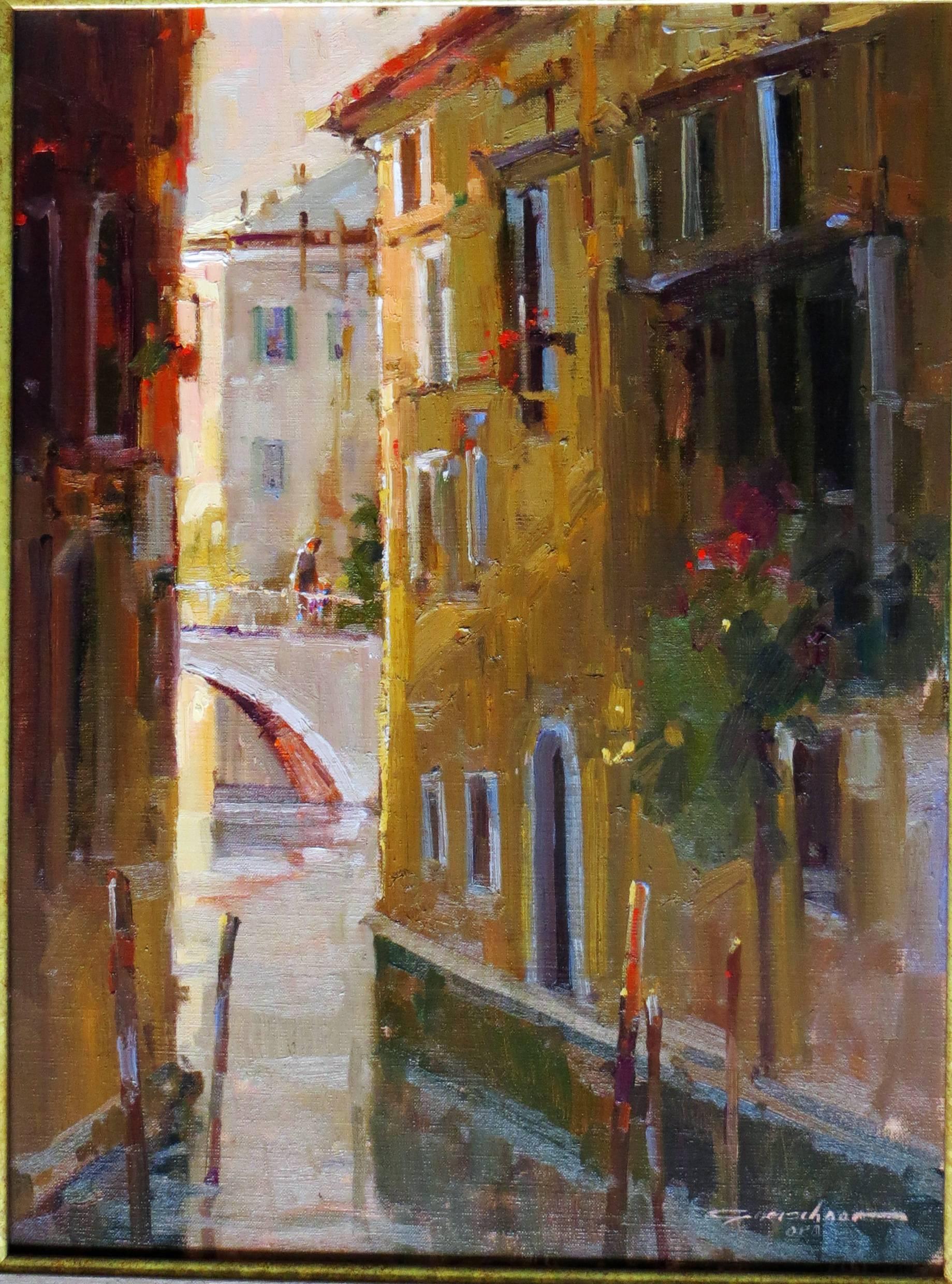 This beautiful oil painting by Ted Goerschner (1933-2012) is titled “Morning Walk, Venice.” It is an intimate, impressionistic depiction of that special light that occurs only in the morning in a special place like Venice. There is a lone figure in