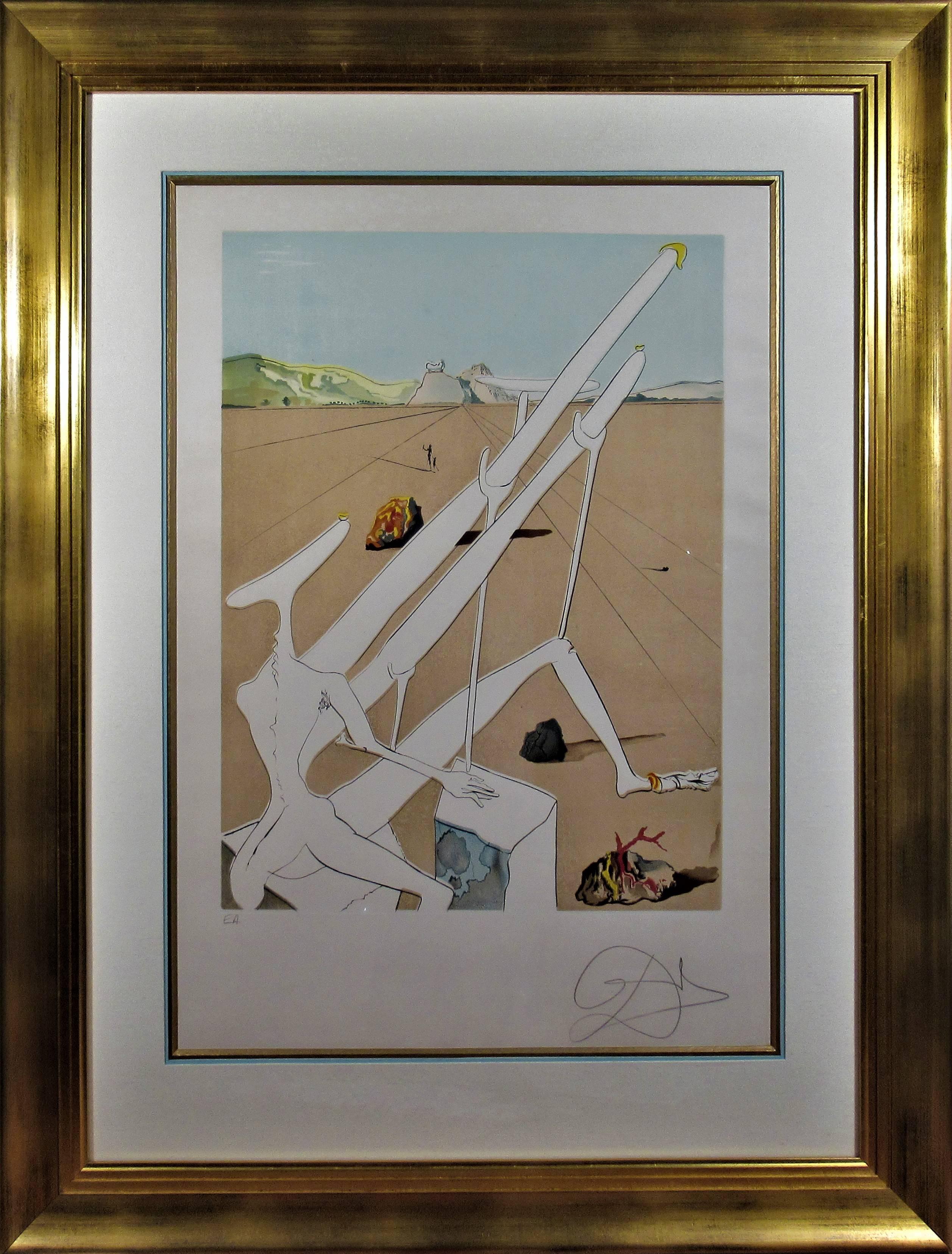 Salvador Dalí Abstract Print – Dali Martian muni d'un Double Microscope Holoelectronique