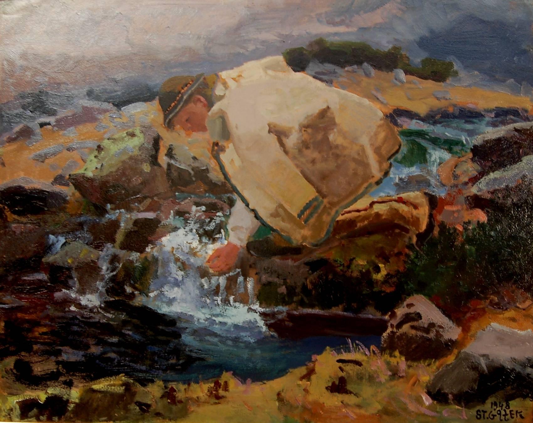 Shepherd Drinking at the River - Painting by Stanislaw Galek