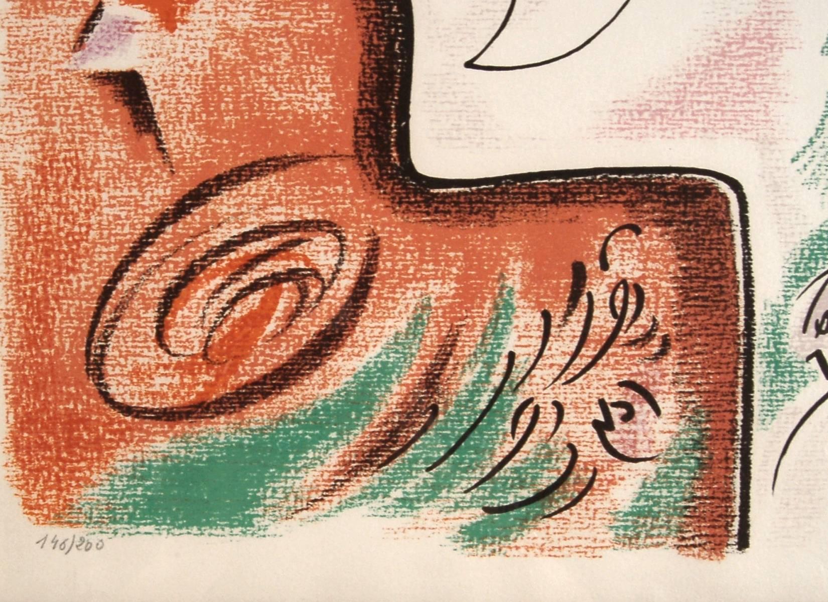 Artist:	Andre Masson (French)
Title:	Surrealist Woman
Year:	1970
Medium:	Color lithograph
Edition:	Numbered 146/200 in pencil
Image size: 24 x 18.5 inches
Signature:   Hand signed in pencil by the artist
Printer:	   Fernand Mourlot, Paris
Condition: