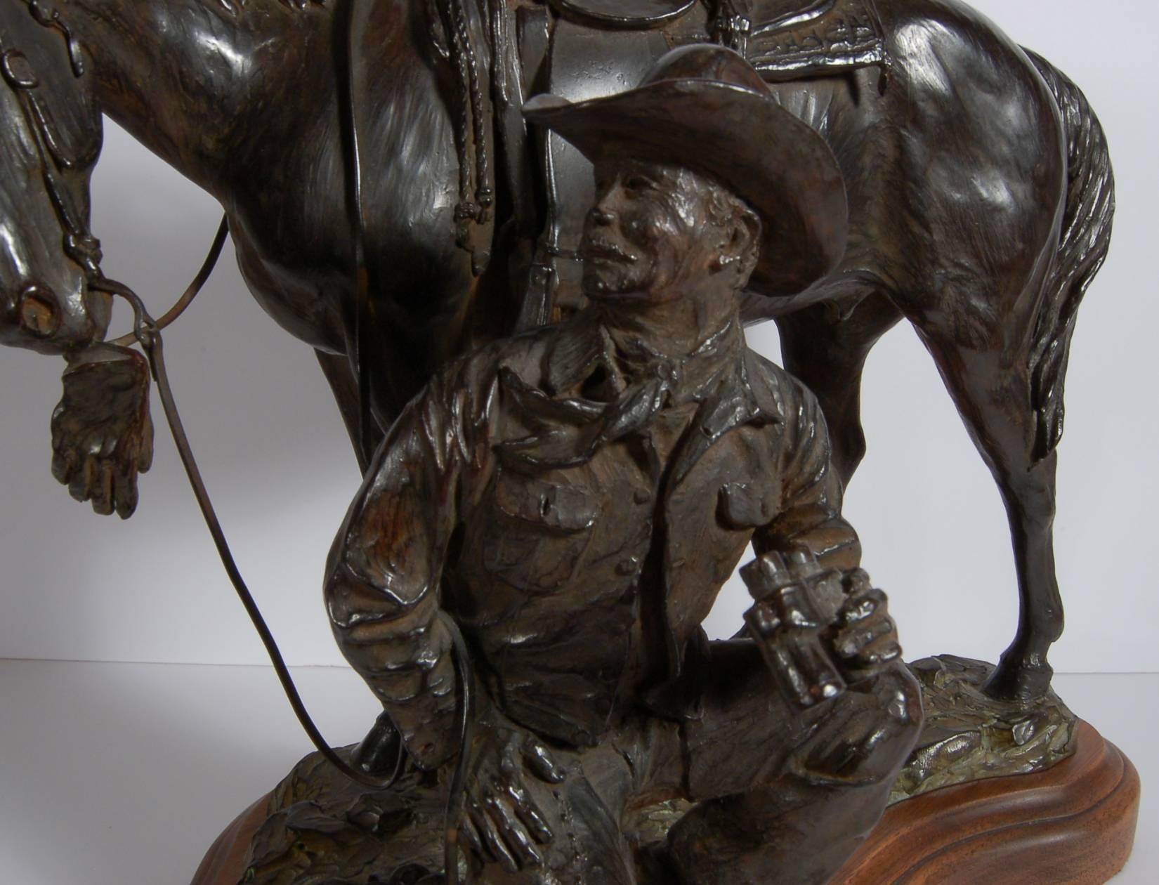 This artwork is a original bronze sculpture titled "The Pickpocket" 1993 by noted American artist Bill Nebeker, born 1942. It is signed , dated and numbered 4/25 in the bronze. The size including wood base is 11.75 x 13 x 9.5 inches. The
