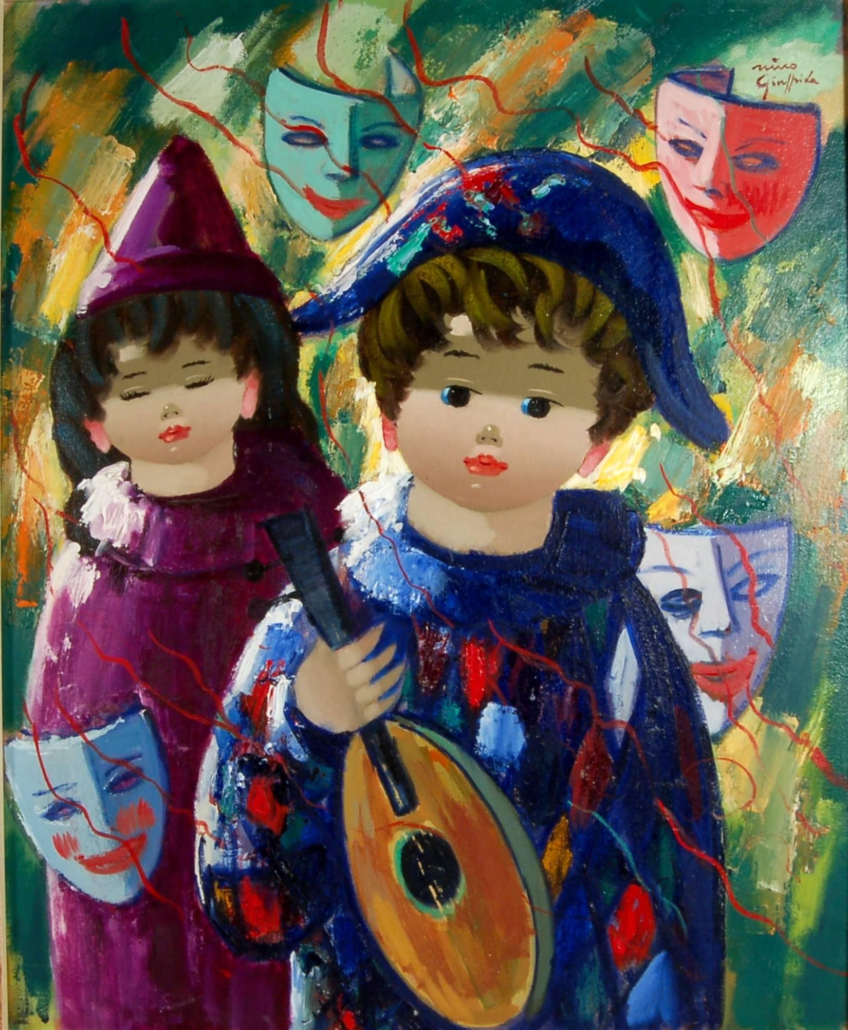 Arlequin et Pierrette au Carnaval - Painting by Nino Guiffrida