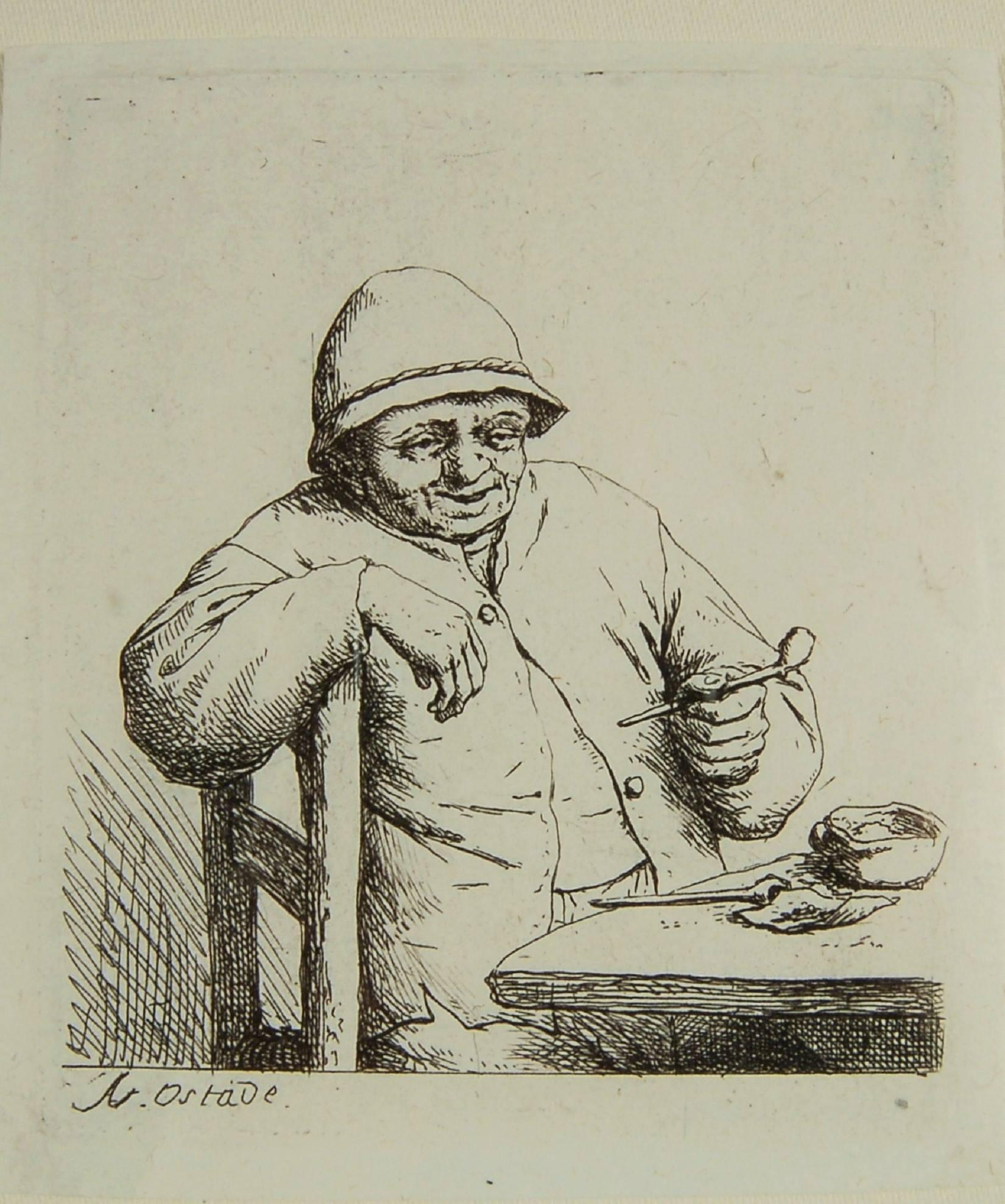 Smoker Leaning on the Back of a Chair - Print by Adriaen van Ostade