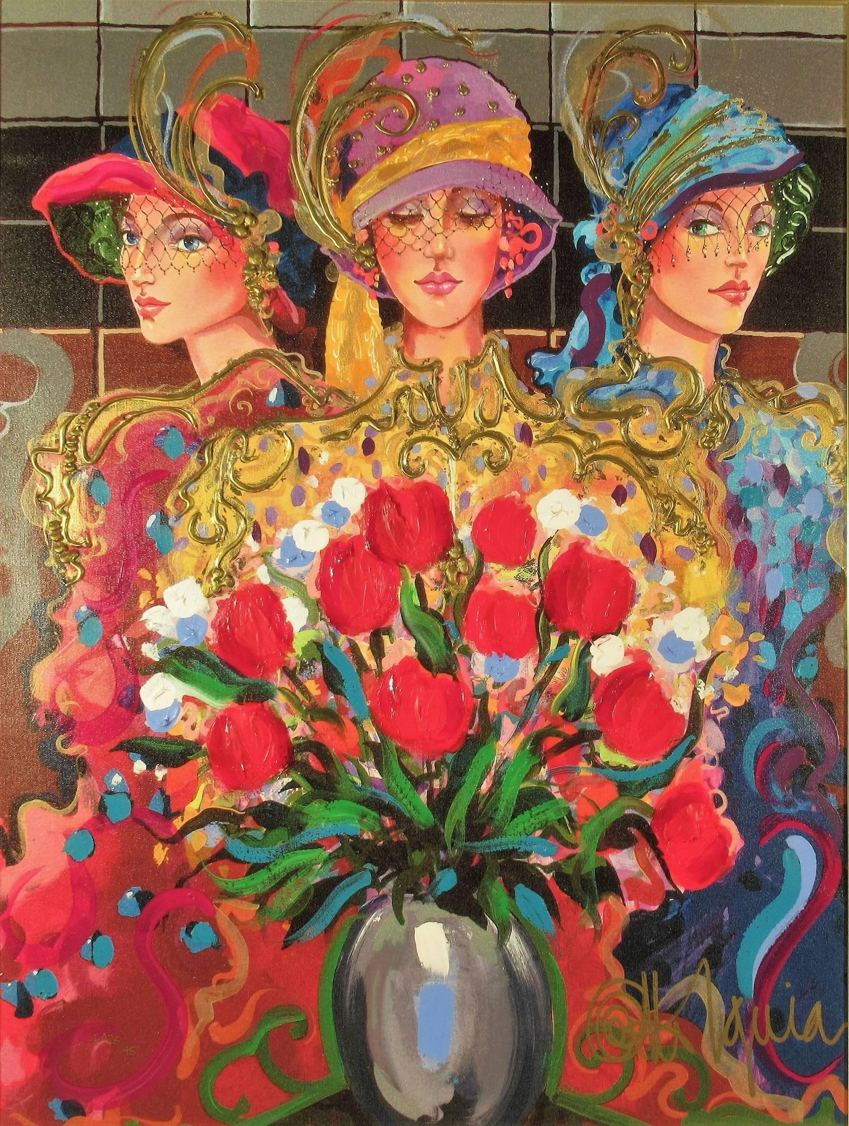 Splendor, Three Women With Flowers - Print by Otto De Souza Aguiar