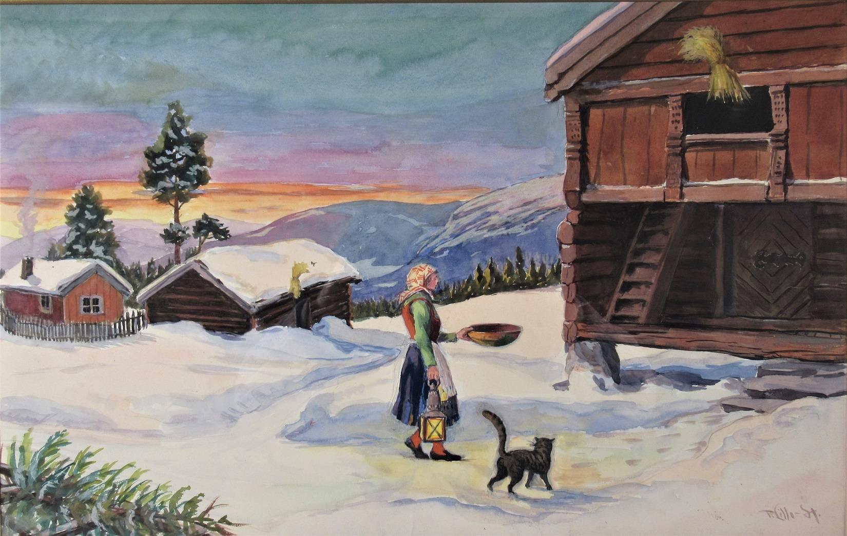 Winterlandschaft, mit Frau und Katze – Art von Paul Lilo Stenberg