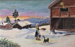 Winter Landscape, with Woman and Cat