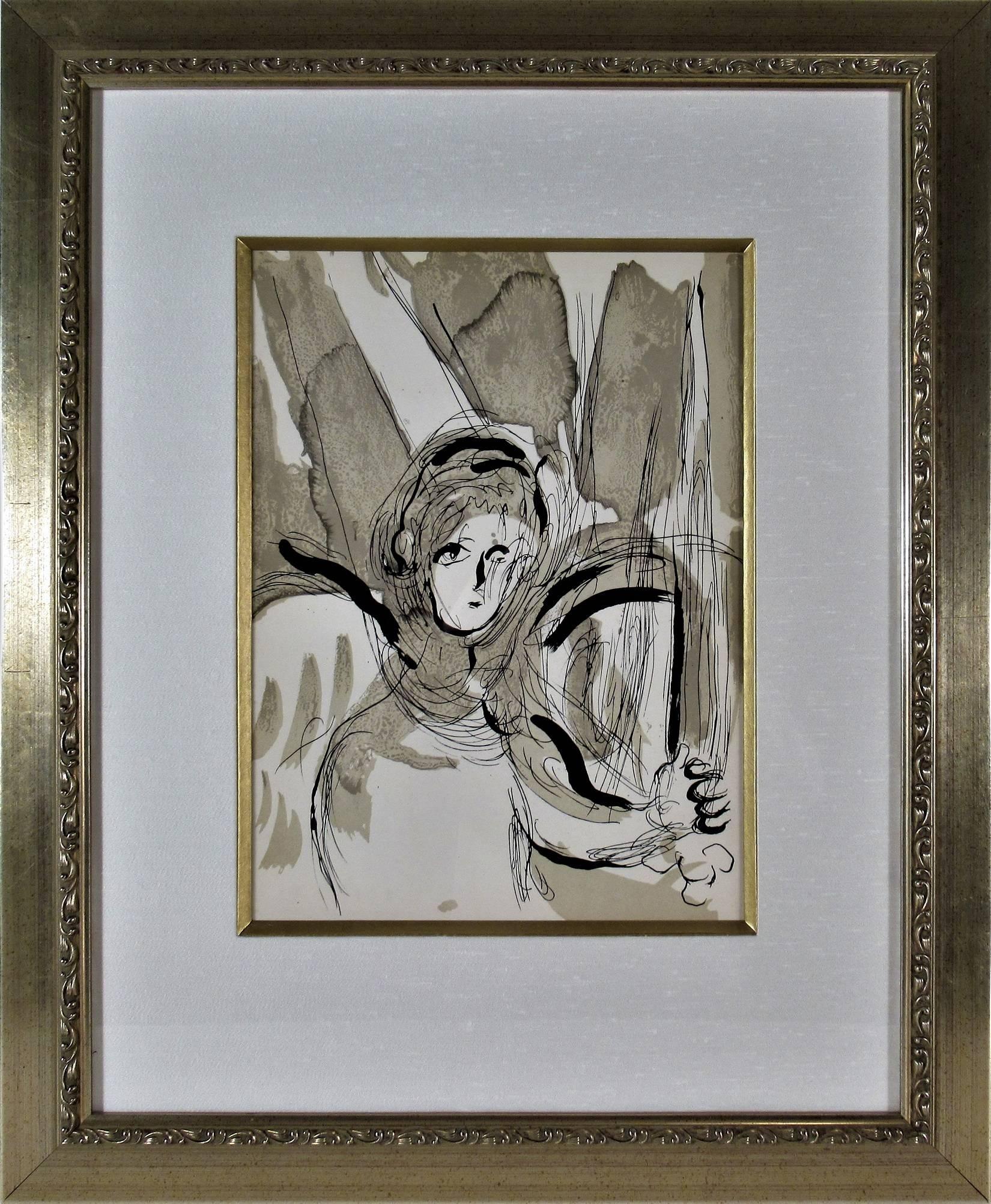 Marc Chagall Figurative Print - "Angel With Sword" from "The Bible" original color lithograph.