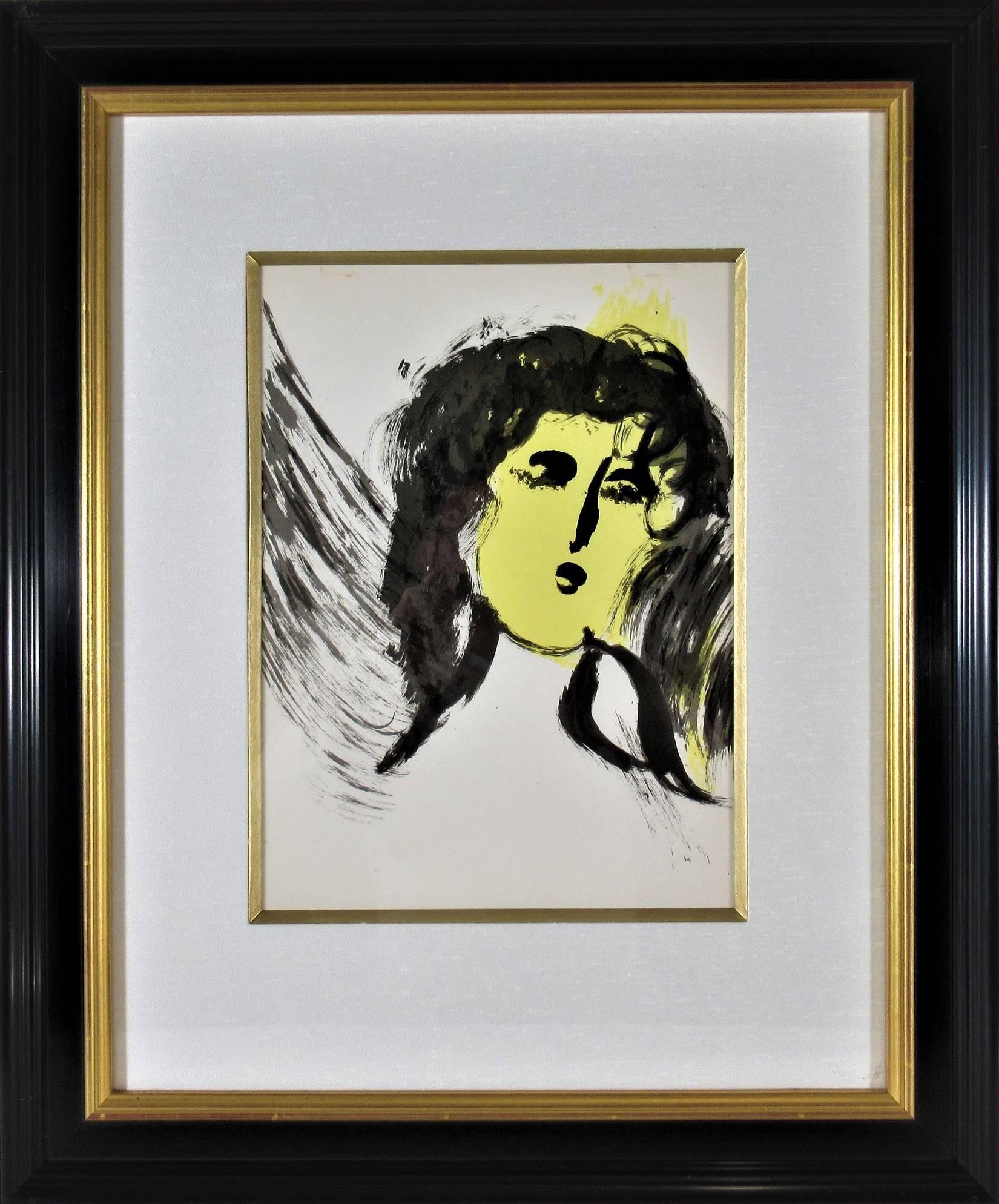 Figurative Print Marc Chagall - Lithographie originale en couleur « L'ange » de « La Bible ».