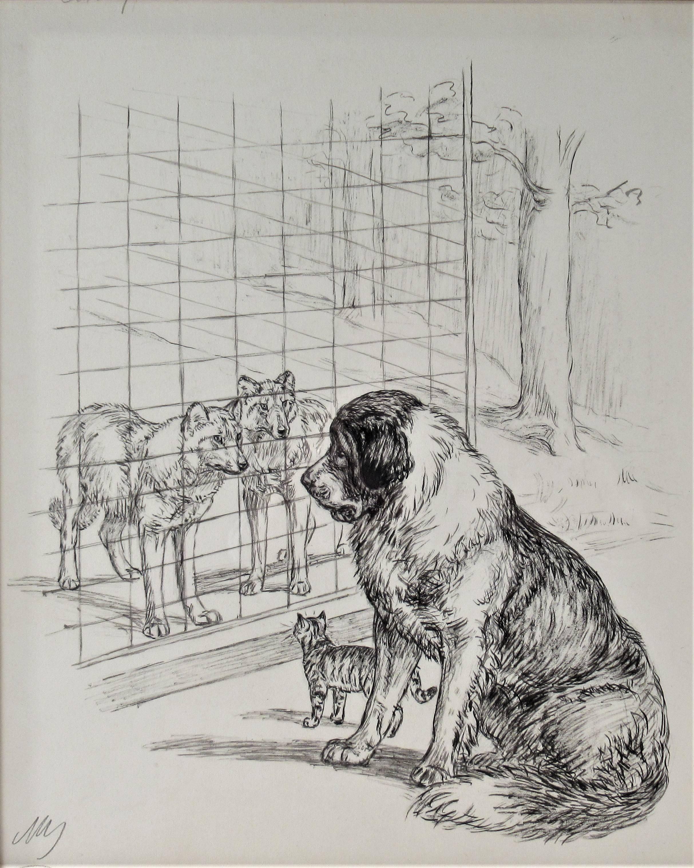  Dogs and Cat Looking at Each Other - Art by Margaret Sweet Johnson