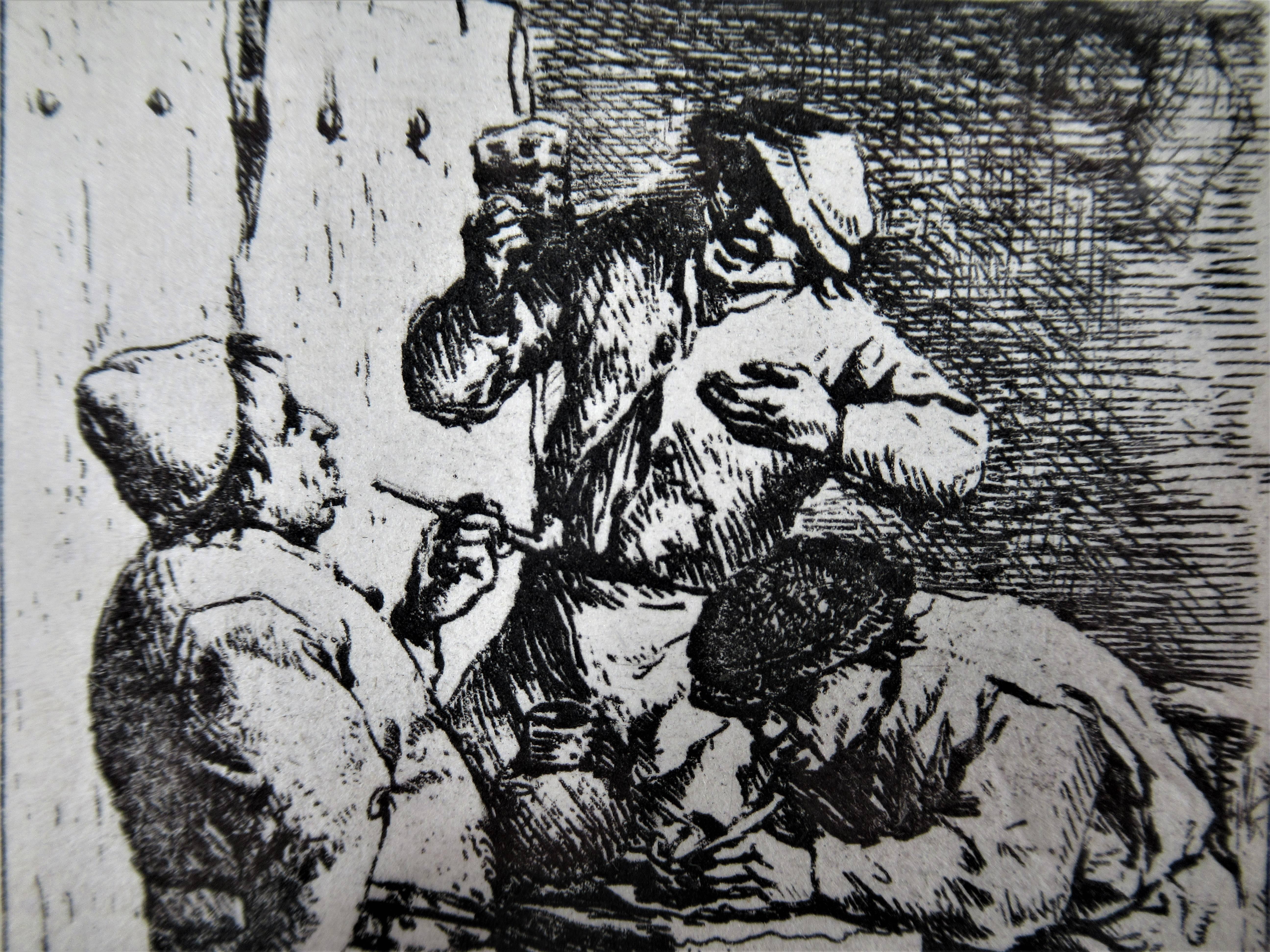 Le fumeur et le buveur - Gris Figurative Print par Adriaen van Ostade