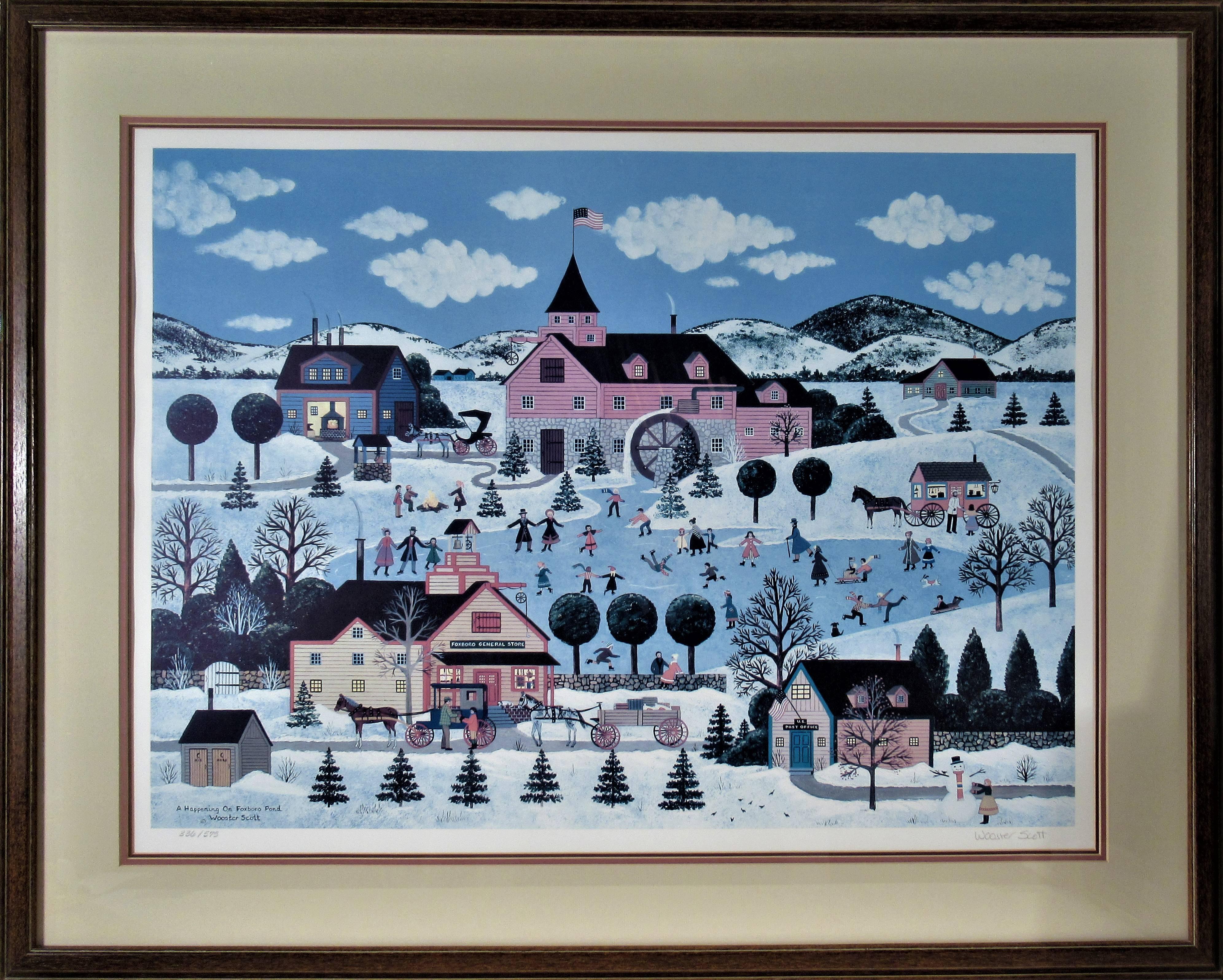 Jane Wooster Scott Figurative Print - A Happening on Foxboro Pond