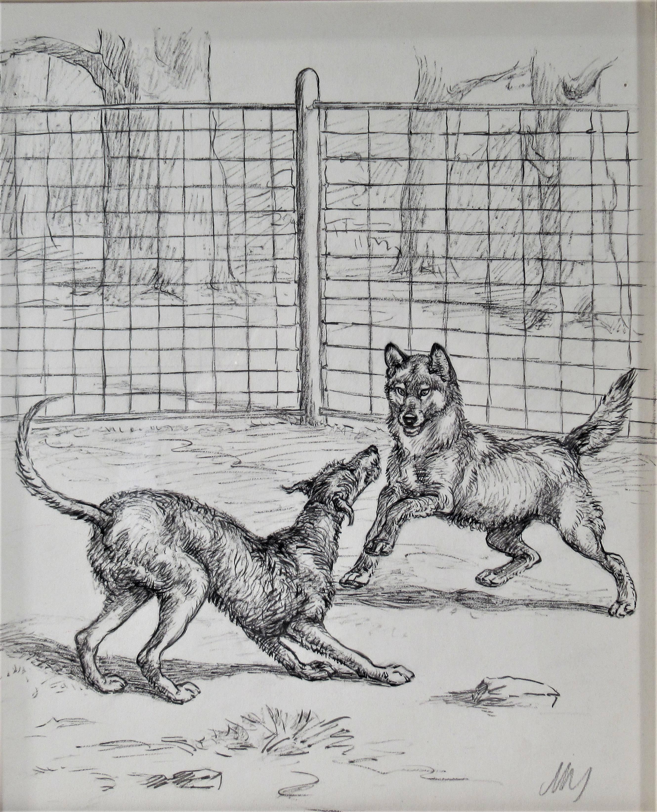 Two Dogs Playing in Front of a Fence - Art by Margaret Sweet Johnson