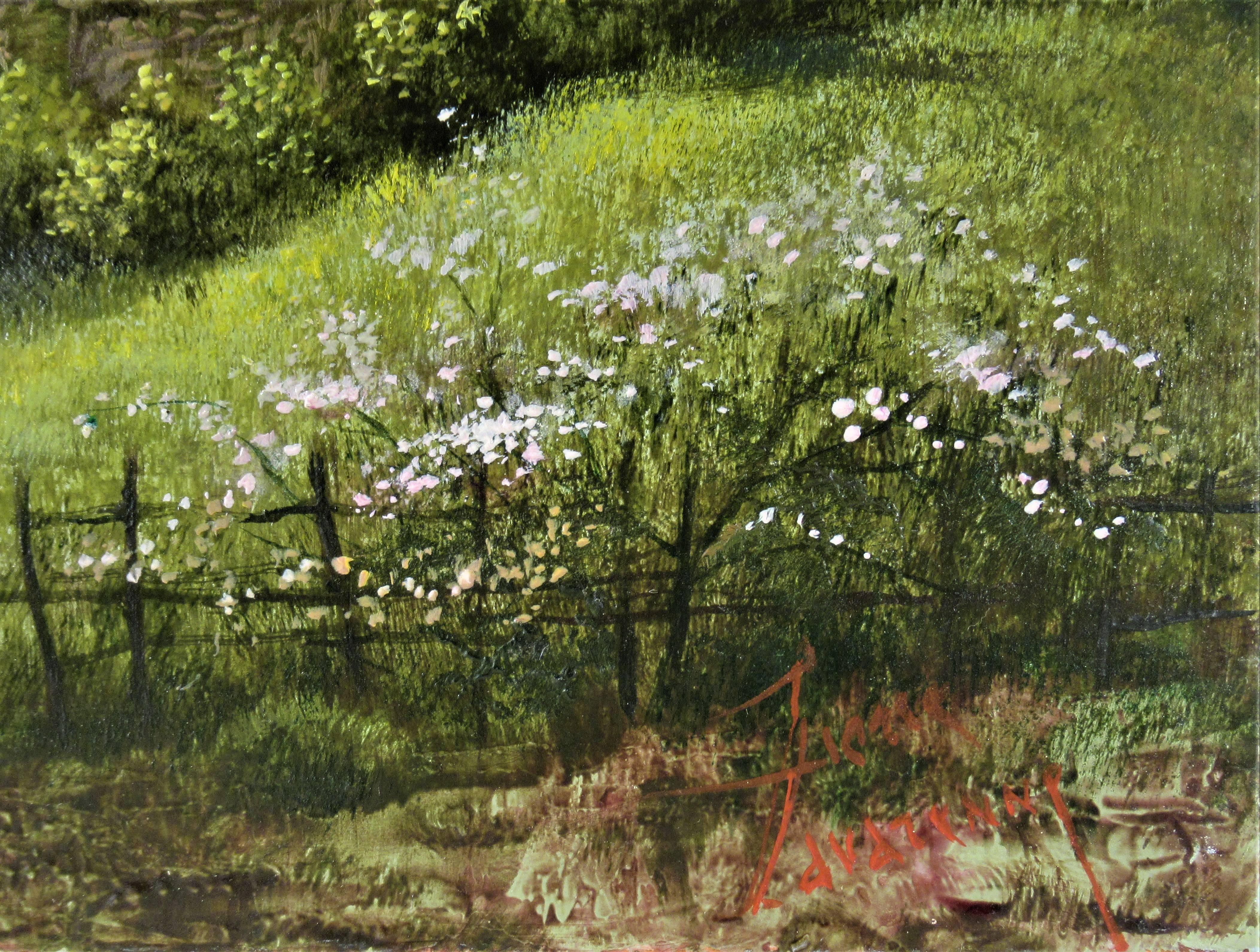 Artista:   Pierre Lavarenne (francese, nato nel 1928)
Titolo:    Paesaggio, Paysage aux Bories
Anno:    Circa 1975
Media:	Olio su tela
Dimensioni della tela:   15 x 18,25 pollici
Firma:	Firmato in basso a destra dall'artista
Condizioni:	Eccellente
