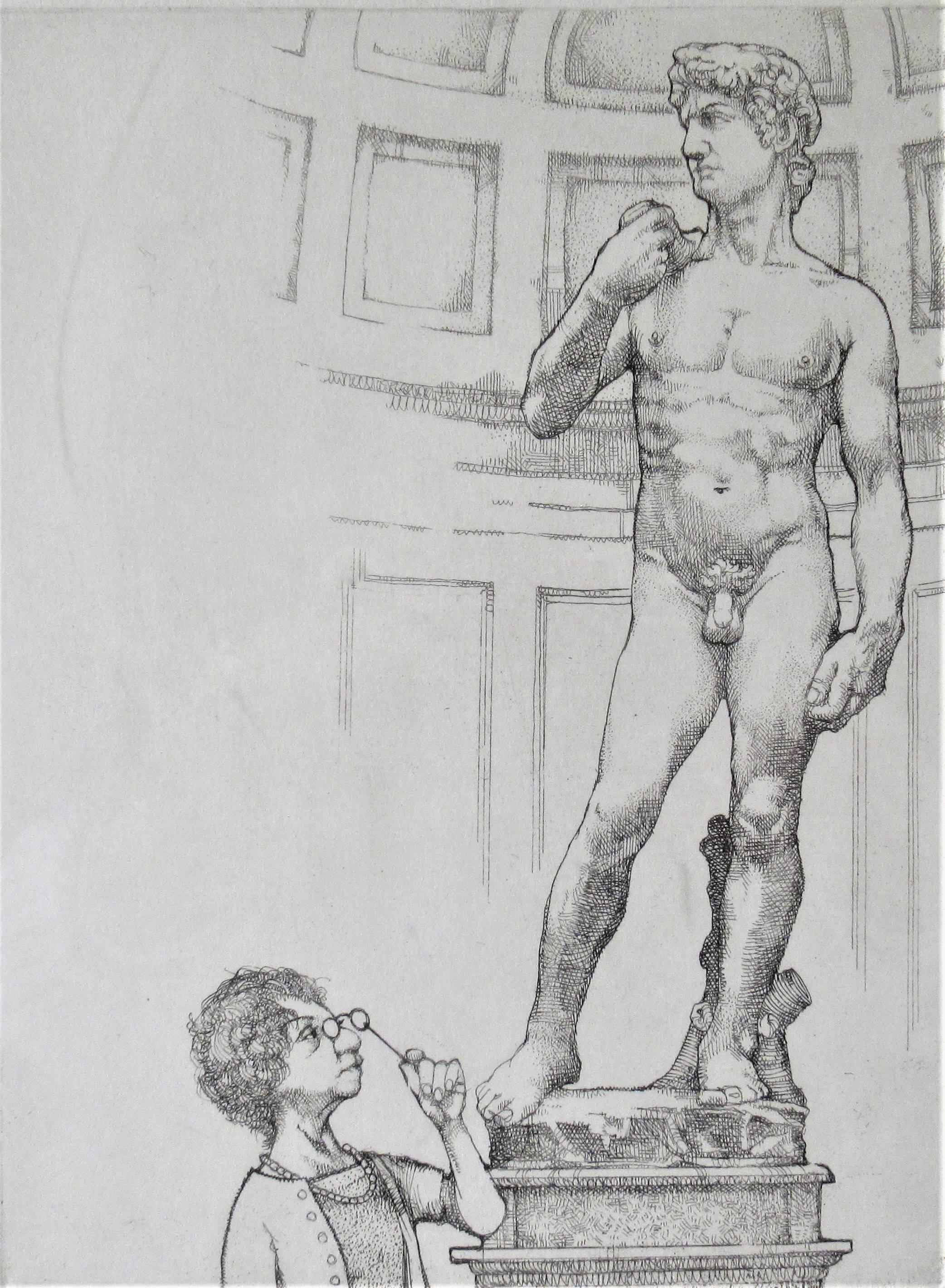 Senza titolo, Scultura di una donna anziana che guarda un uomo nudo - Print di Charles Bragg