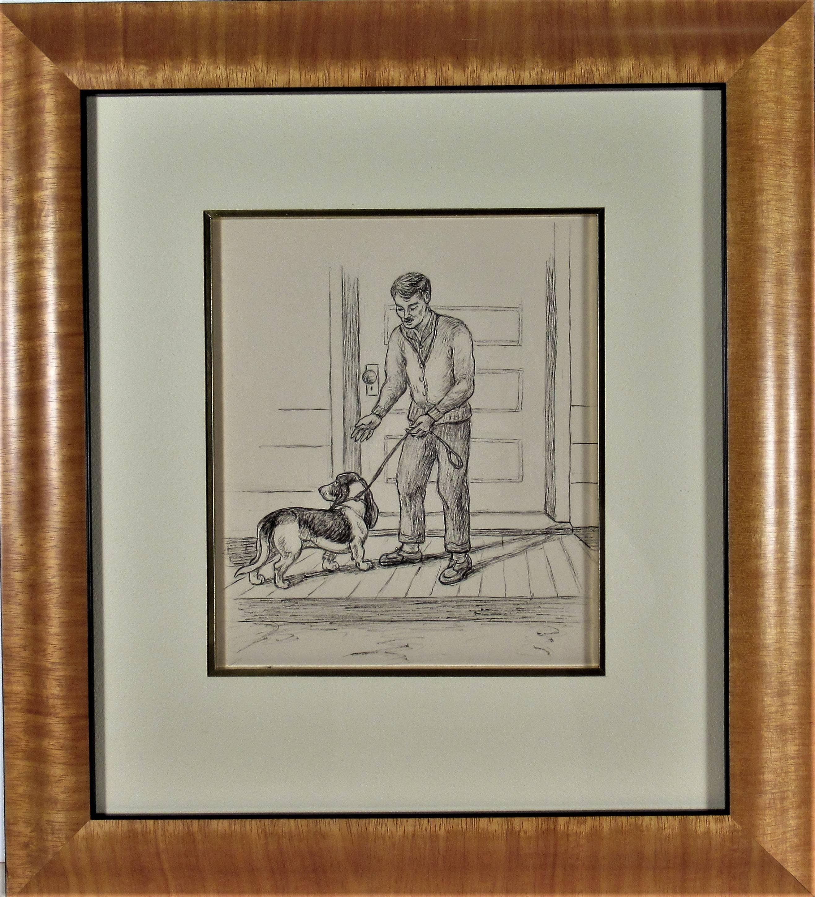 Margaret Sweet Johnson Animal Art - Man and Dog on the Front Porch