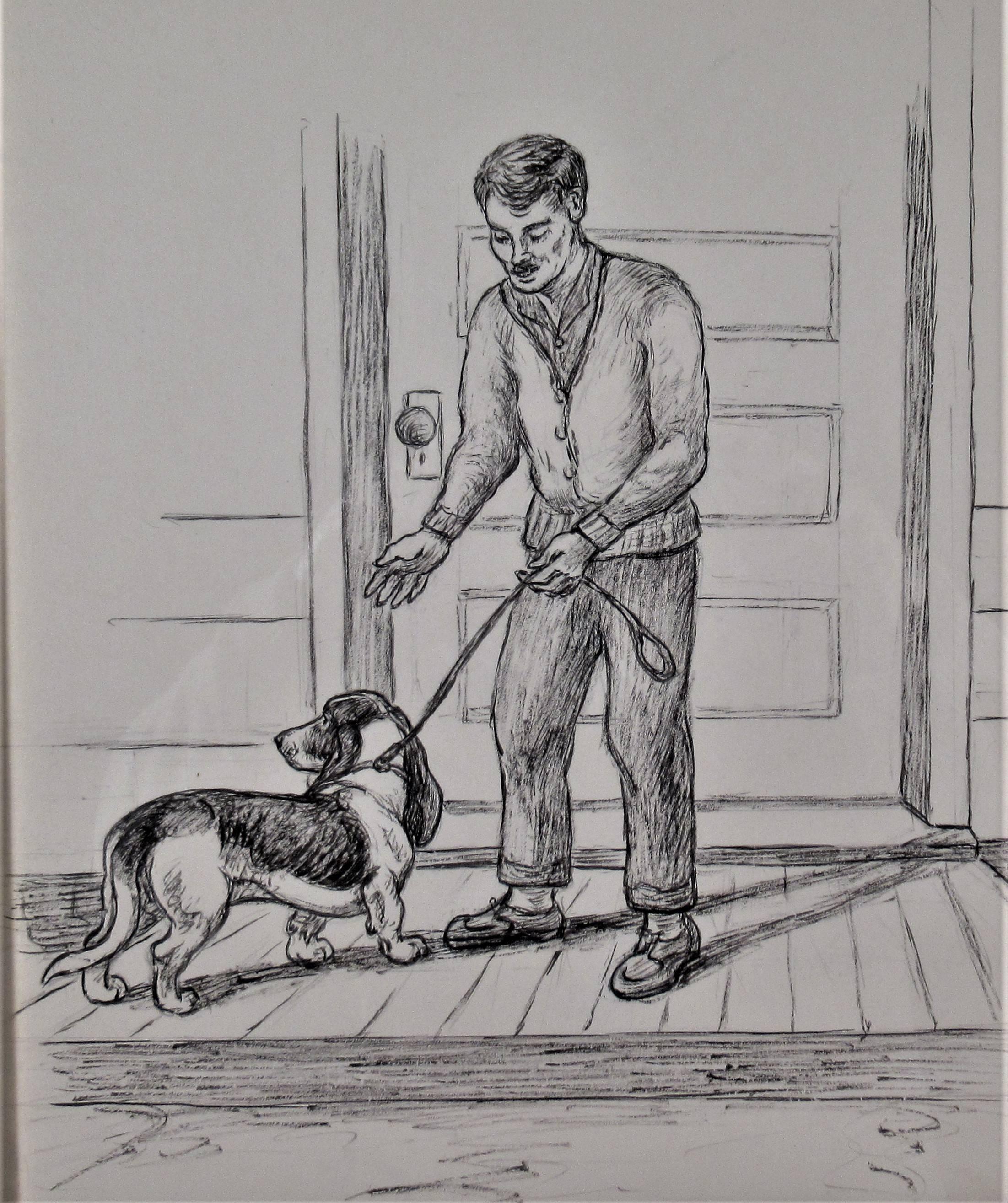 Man and Dog on the Front Porch - Art by Margaret Sweet Johnson
