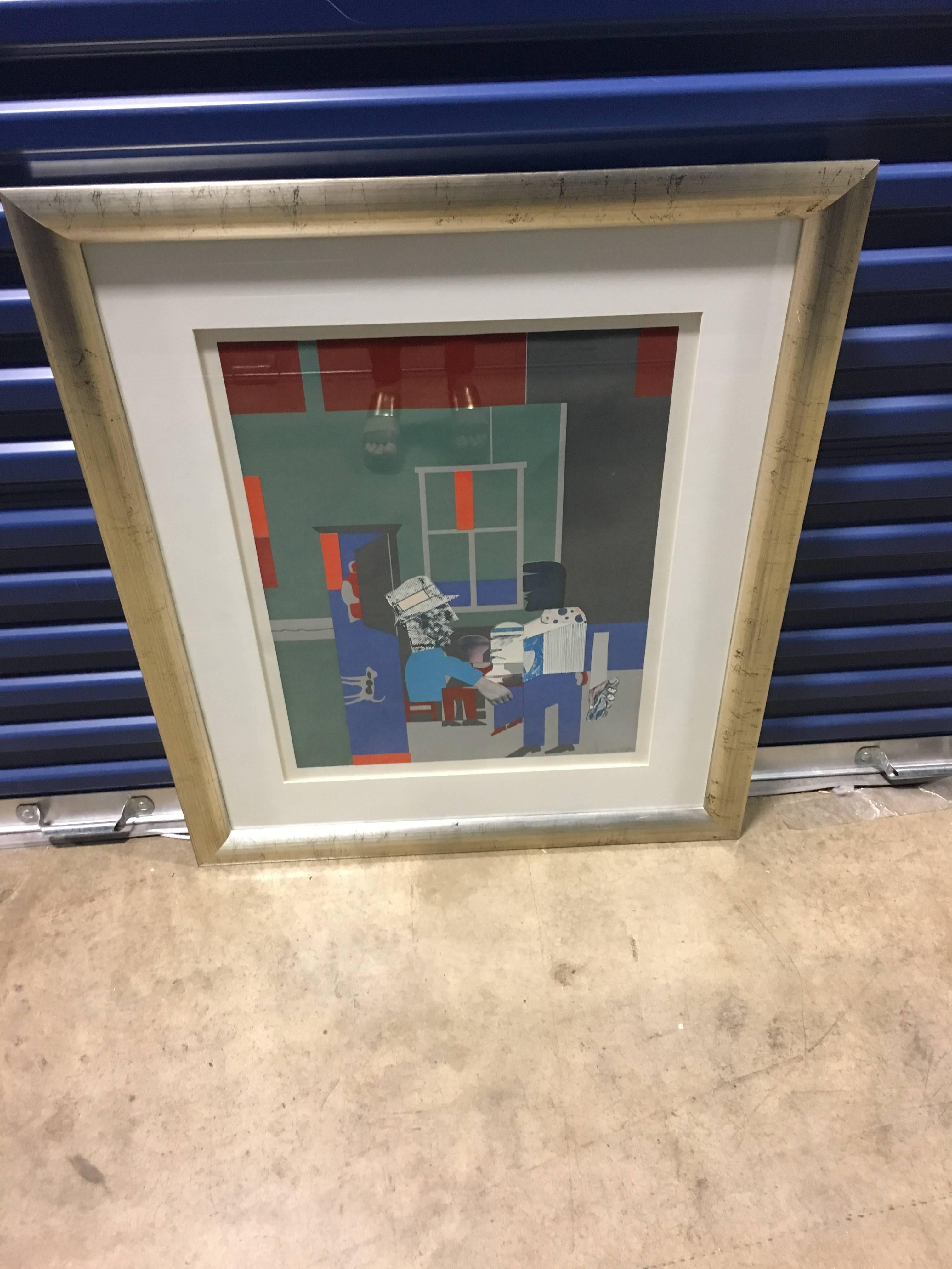 CAROLINA BLUE, 1970, Interior is a screen printed piece with collage elements. Cubist style figures dominate the composition in varying shades of blue, teal, grey, and crimson. The piece is matted and framed. 

The piece is signed and numbered in