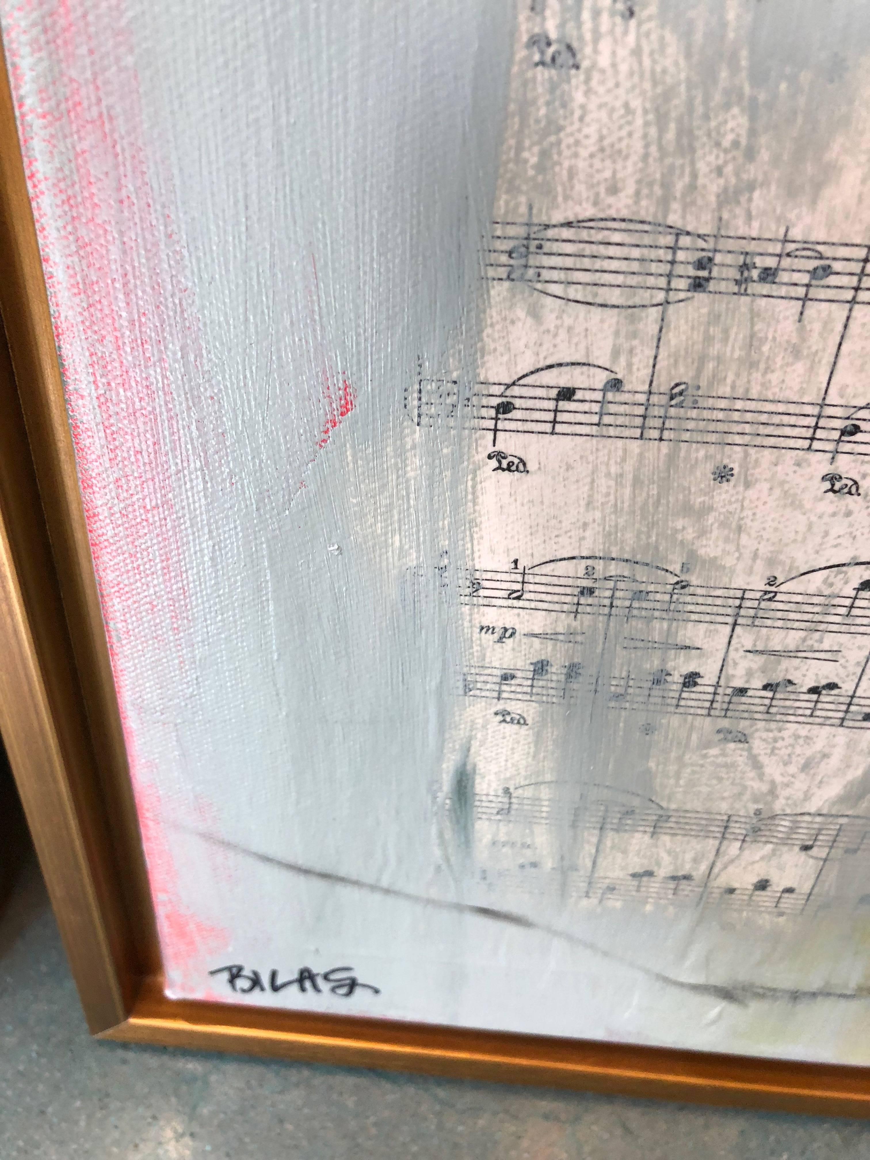 Artist Wendy Bilas, uses grays, reds, and whites to create a tranquil sanctuary for the vibrant Eastern Bluebird featured on the canvas. Sheet music from Melody can be seen peeking out from under the paint, and adds to the grace and spirit of the