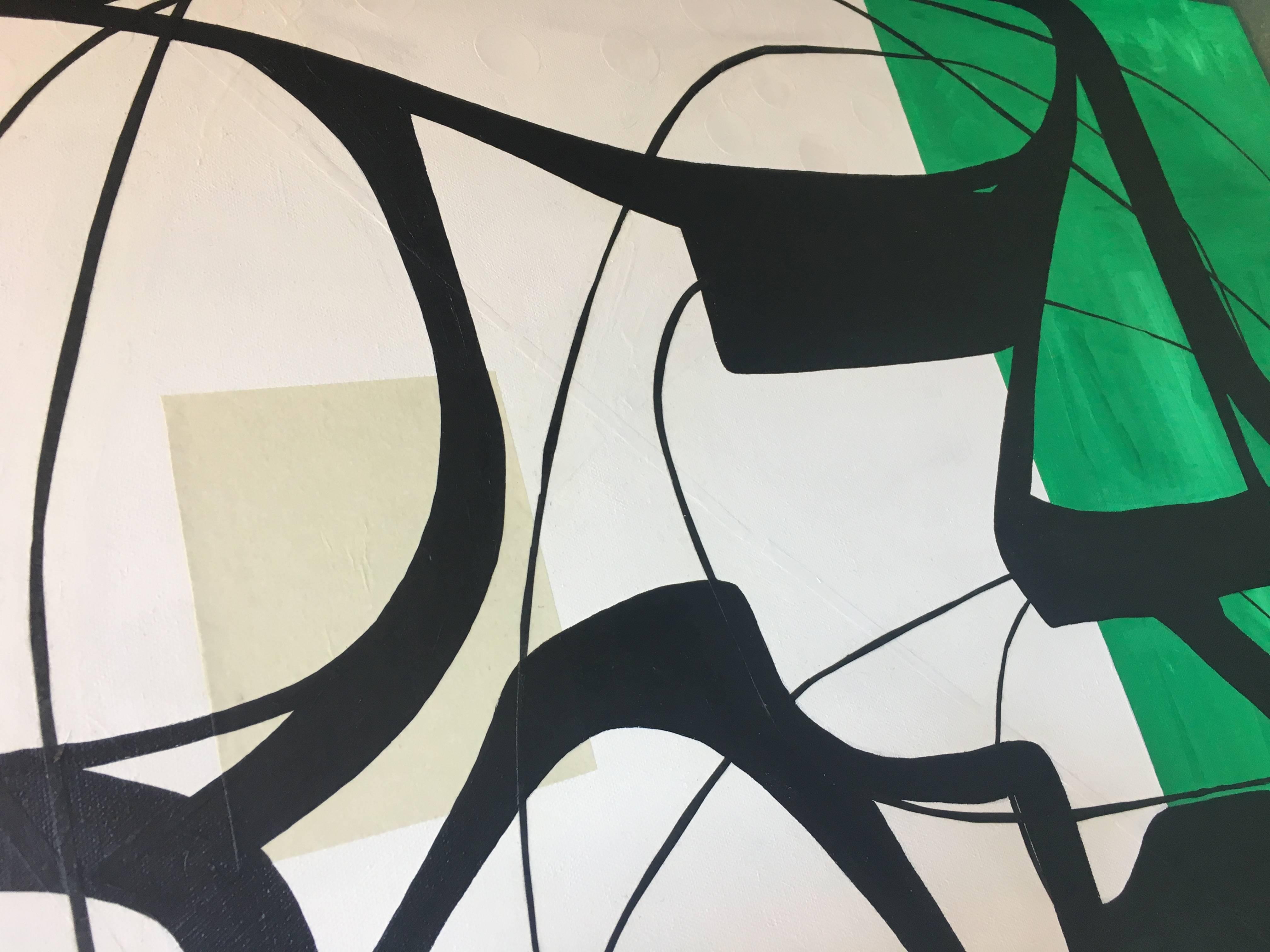 Black line work varying in thickness and shape are painted upon a background composition of white and emerald green rectangles. Meticulously placed geometric shapes of paper give the piece texture. The clean lines, geometric details, and simple but