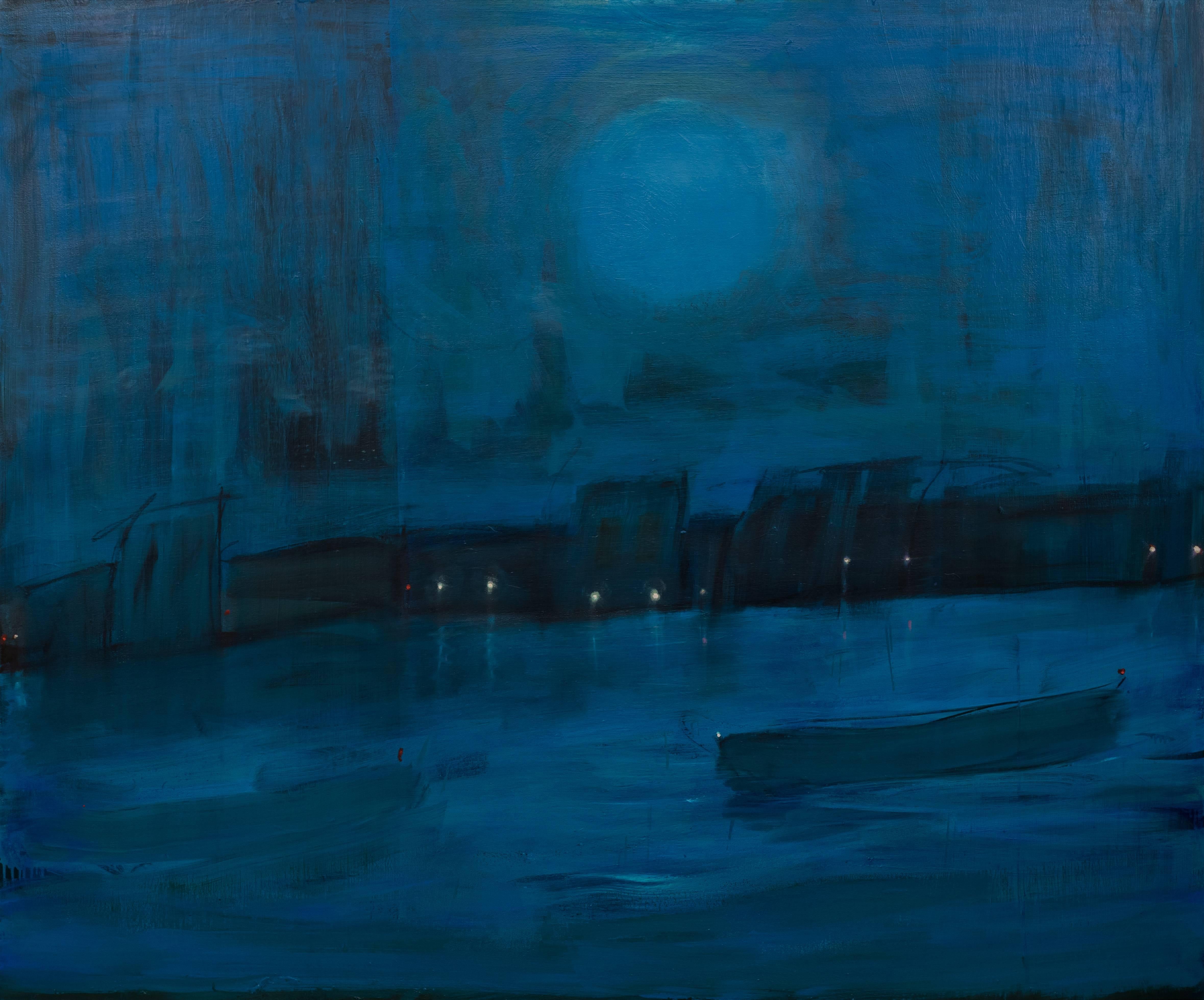 Kathryn Lynch Landscape Painting - boat with blue moon