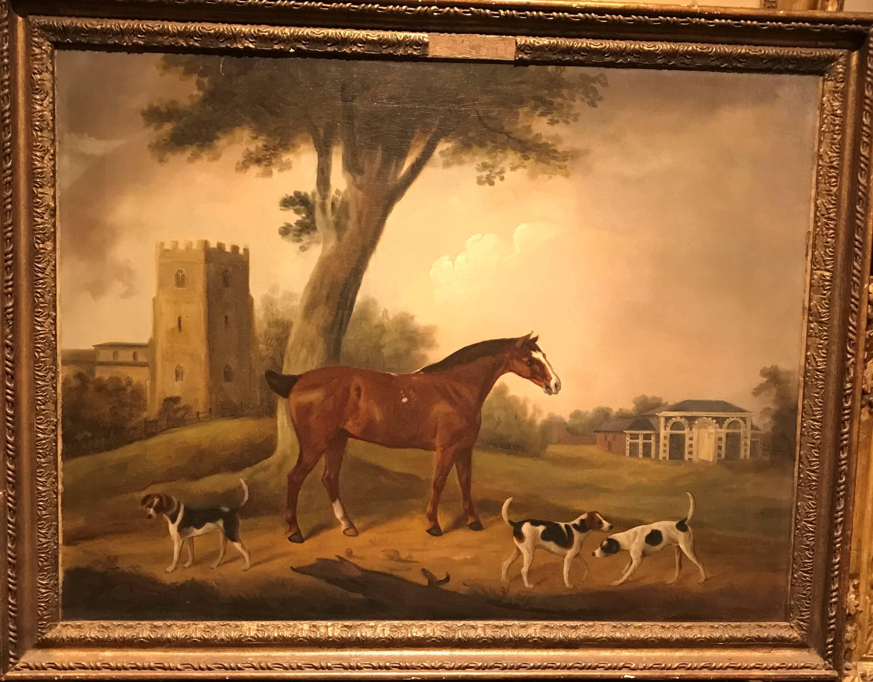 A Favourite Hunter and Hounds outside Elegant Stables, a Church in the Distance - Victorian Painting by Unknown