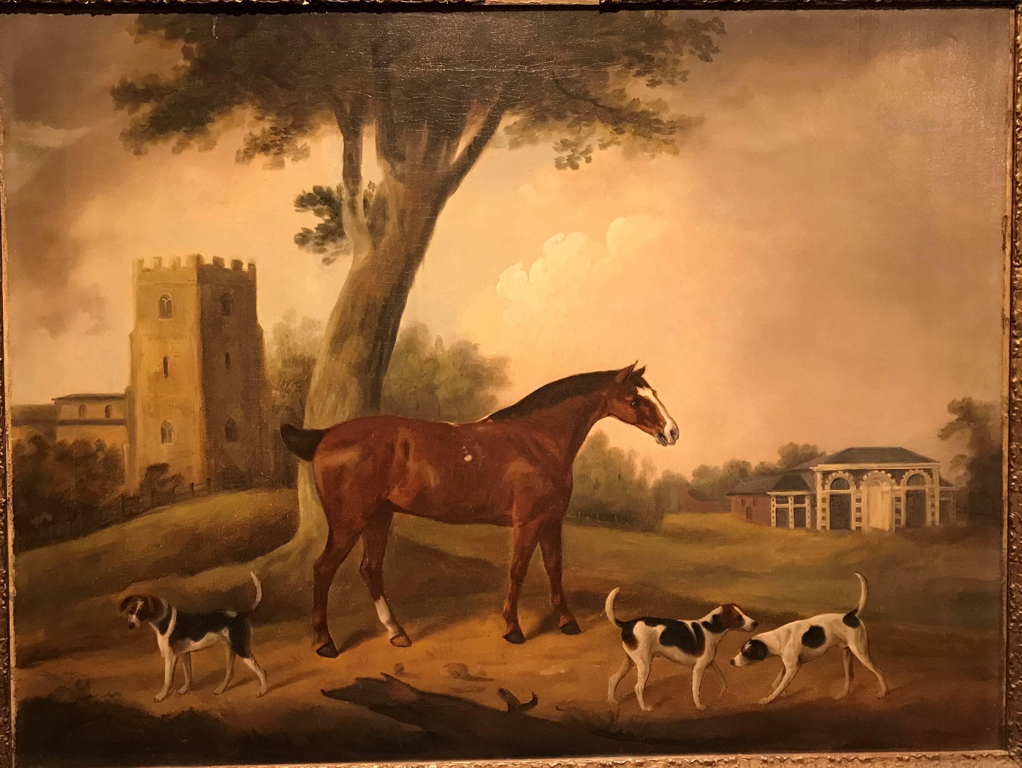 Unknown Animal Painting - A Favourite Hunter and Hounds outside Elegant Stables, a Church in the Distance