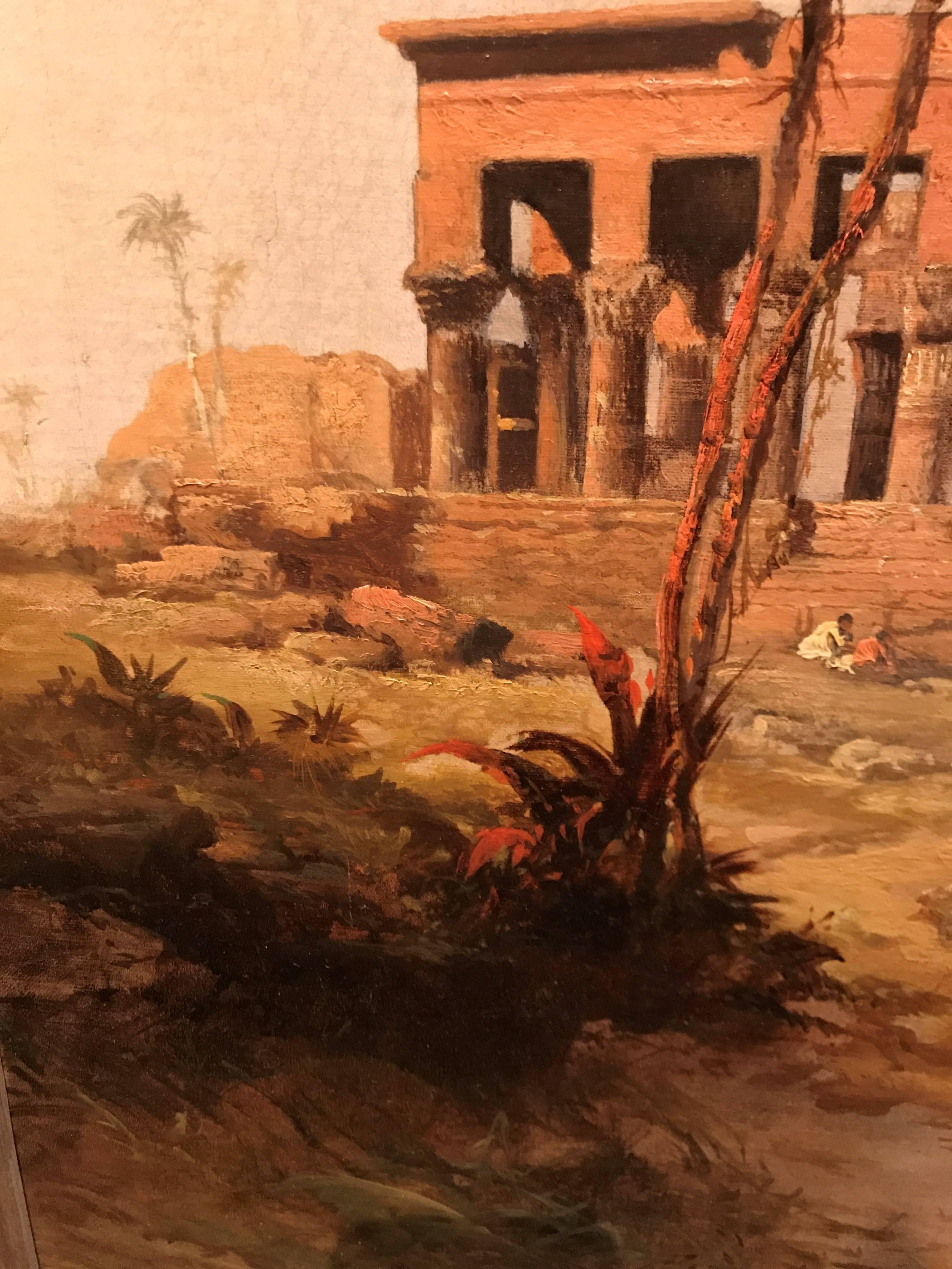View of the Nile showing the Roman kiosk of Trajan at Phiale - Brown Landscape Painting by F. De Vere