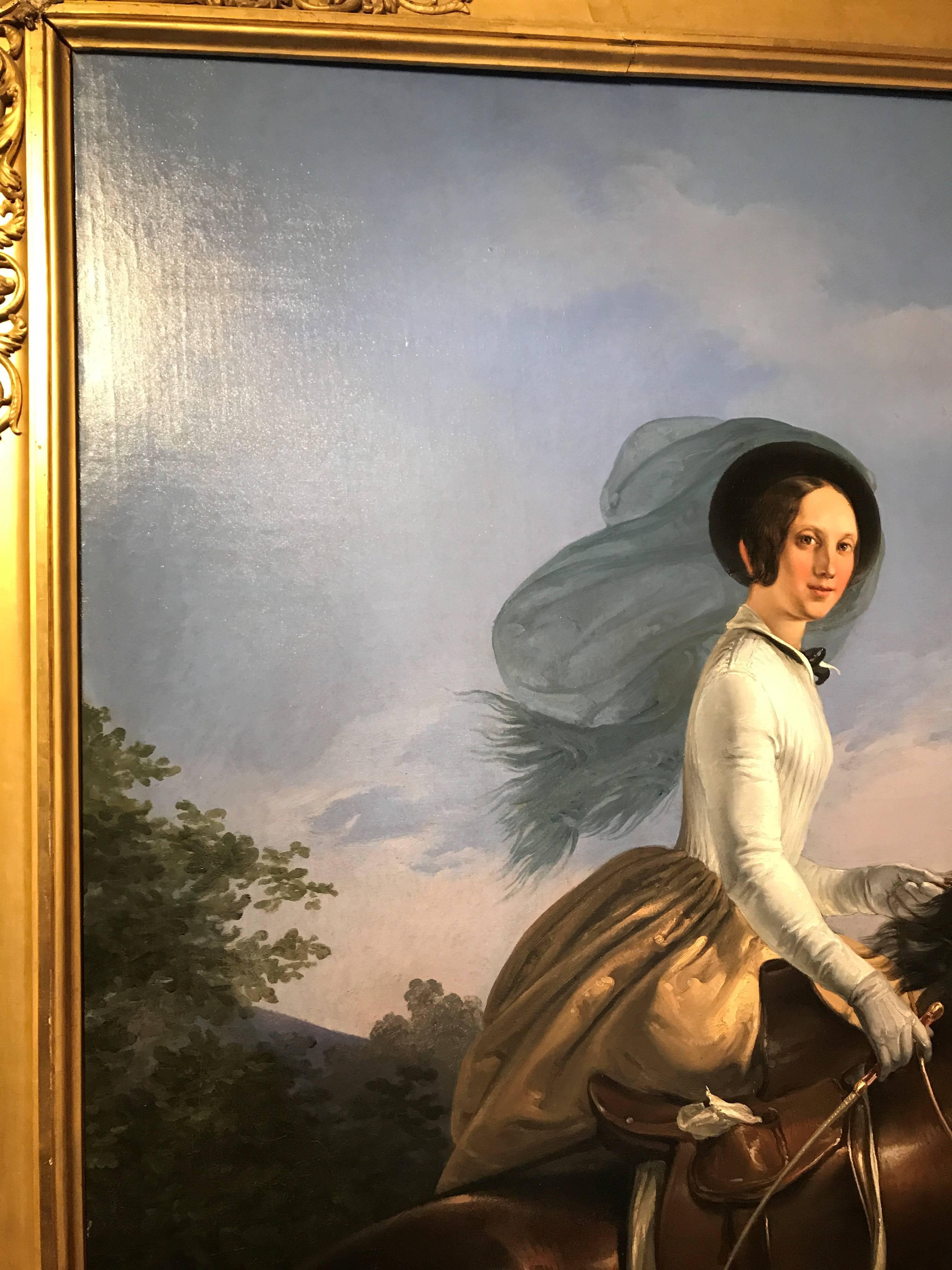 Portrait of Princess de Joinville riding a Bay Horse
Henri d’Aincy, Le Comte Monpezat (French 1817-1859)
Painted circa 1837-9
oil on canvas
113 x 92 inches (including frame)
92 x 70 inches (unframed)

Provenance – from a private royal