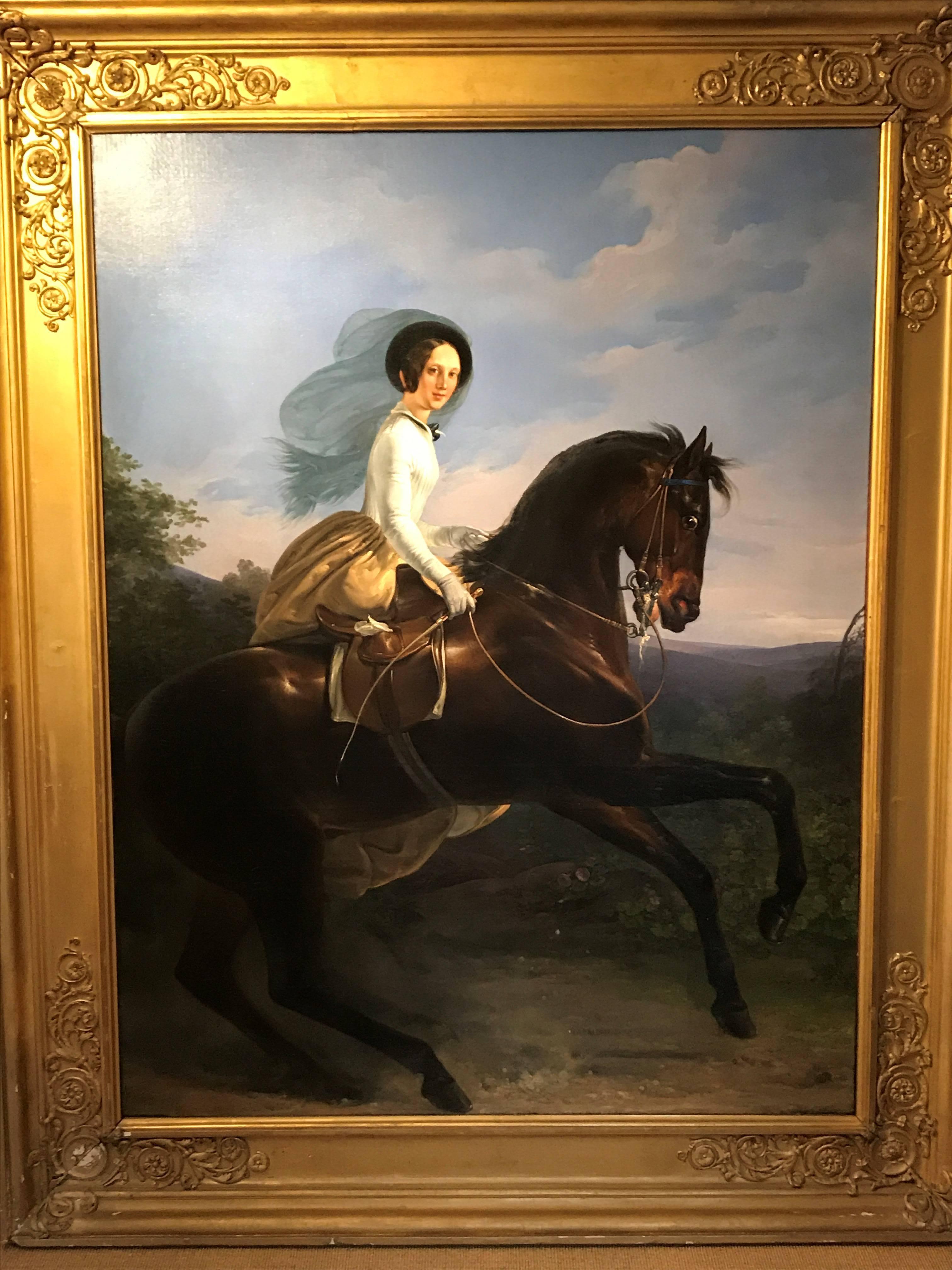 Porträt der Prinzessin von Joinville auf einem braunen Pferd
Henri d'Aincy, Le Comte Monpezat (französisch 1817-1859)
Gemalt um 1837-9
öl auf Leinwand
113 x 92 Zoll (einschließlich Rahmen)
92 x 70 Zoll (ungerahmt)

Provenienz - aus einer königlichen