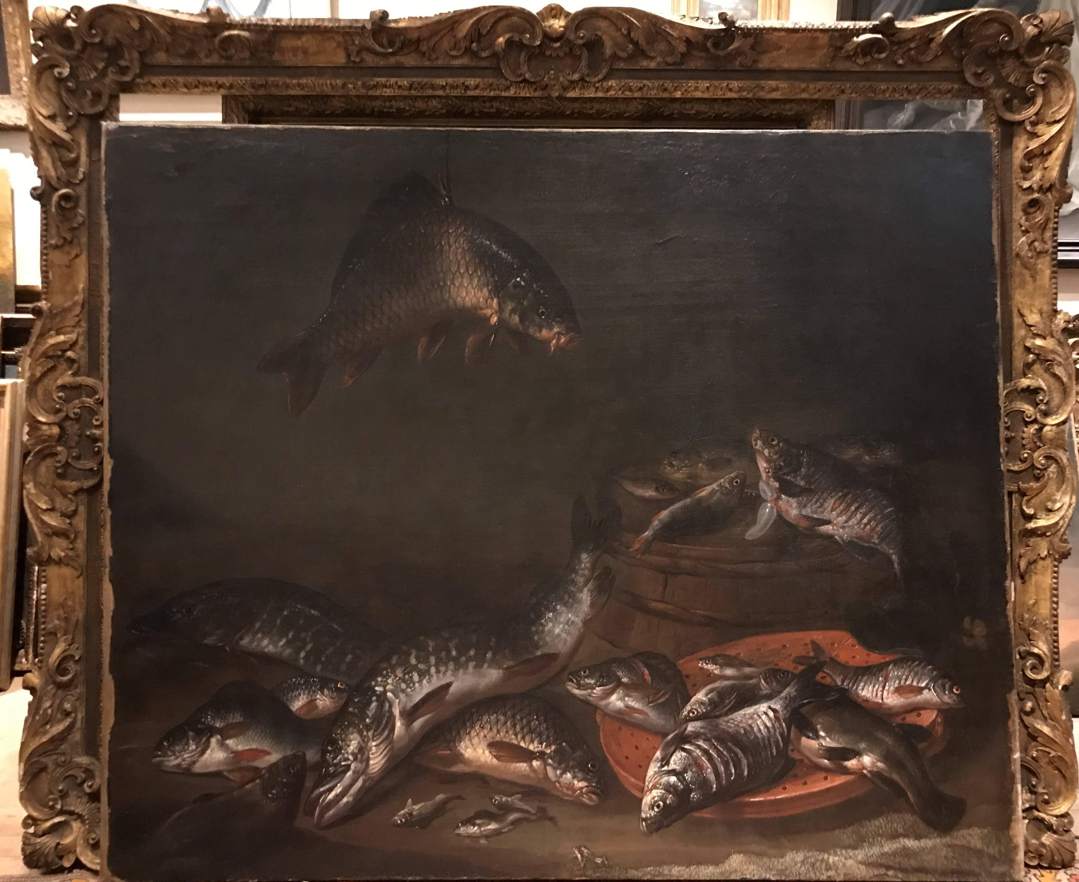 Still Life of Frechwater Fish and a Frog  - Painting by Isaac Van Duynen