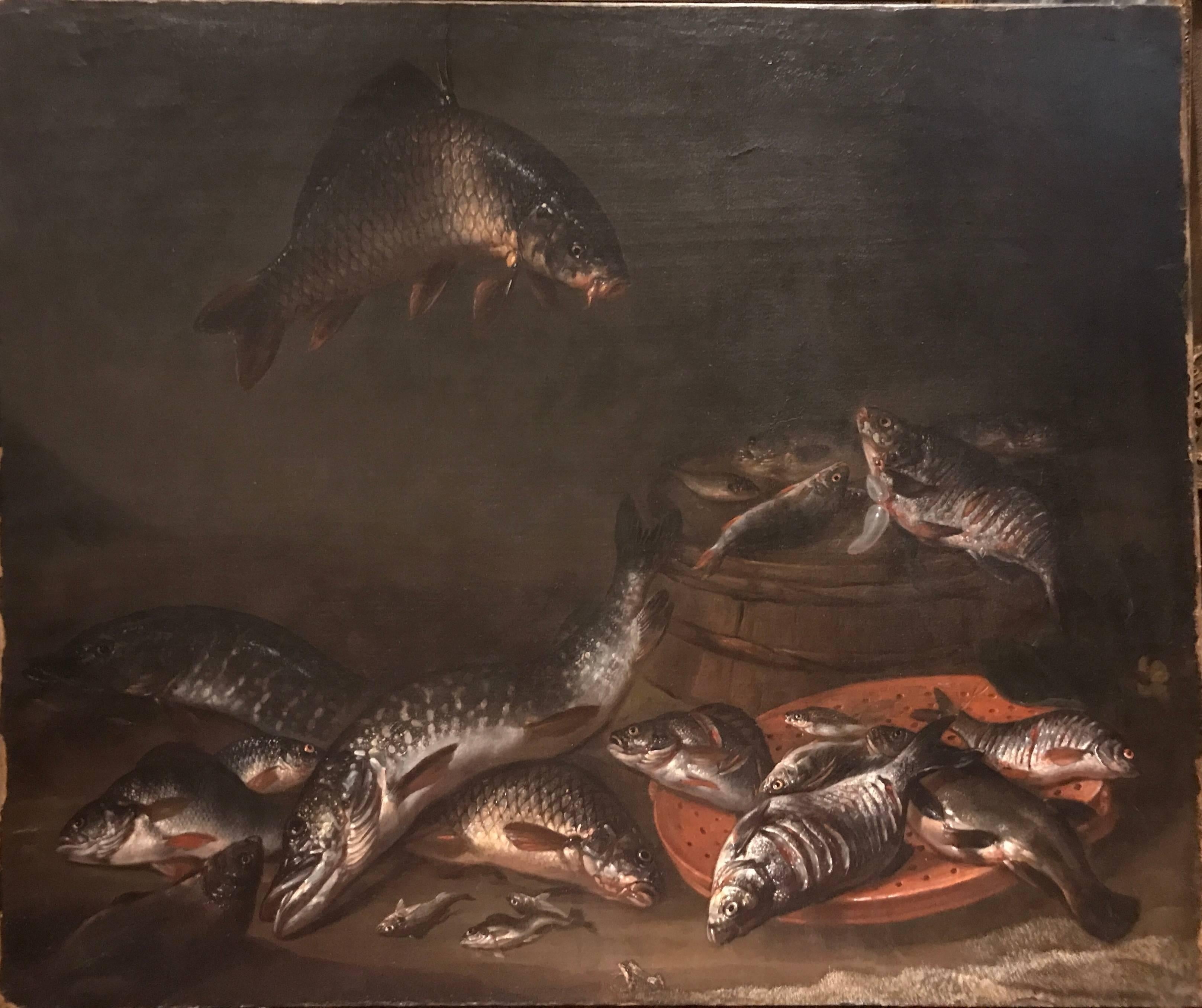 Isaac Van Duynen Still-Life Painting - Still Life of Frechwater Fish and a Frog 