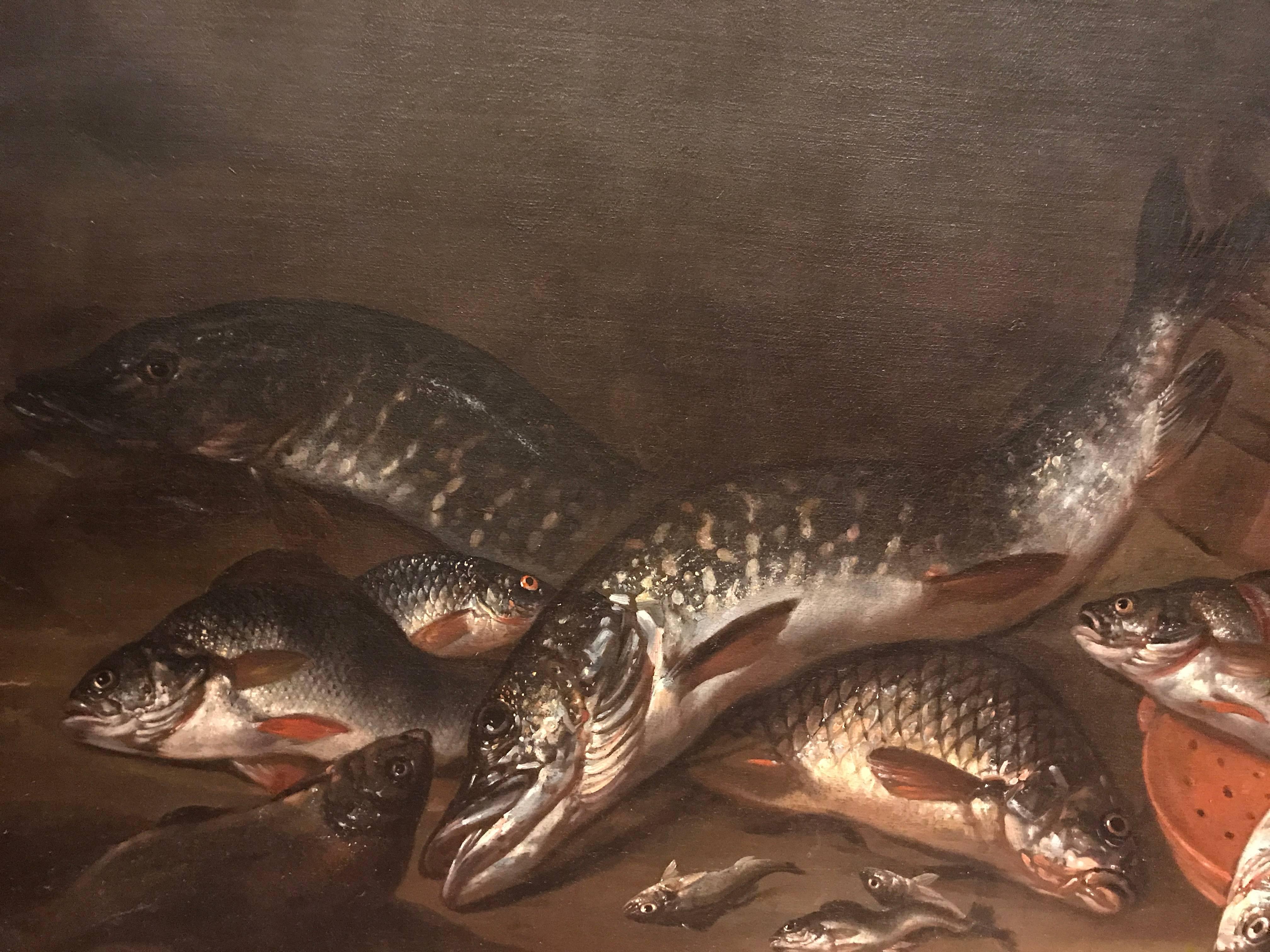 Still Life of Frechwater Fish and a Frog  - Old Masters Painting by Isaac Van Duynen