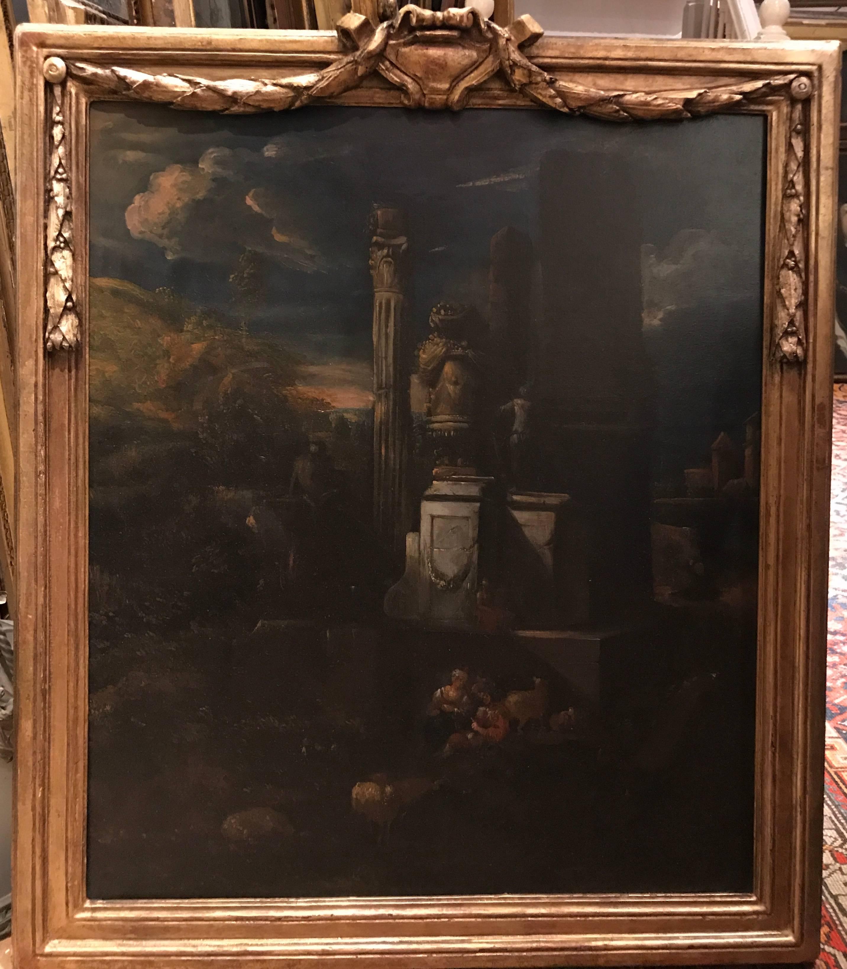 In a carved and gilded period frame. The painting is probably by a Northern follower of Viviano Codazzi.

Viviano Codazzi (c. 1604 – 5 November 1670) was an Italian architectural painter who was active during the Baroque period. He is known for his