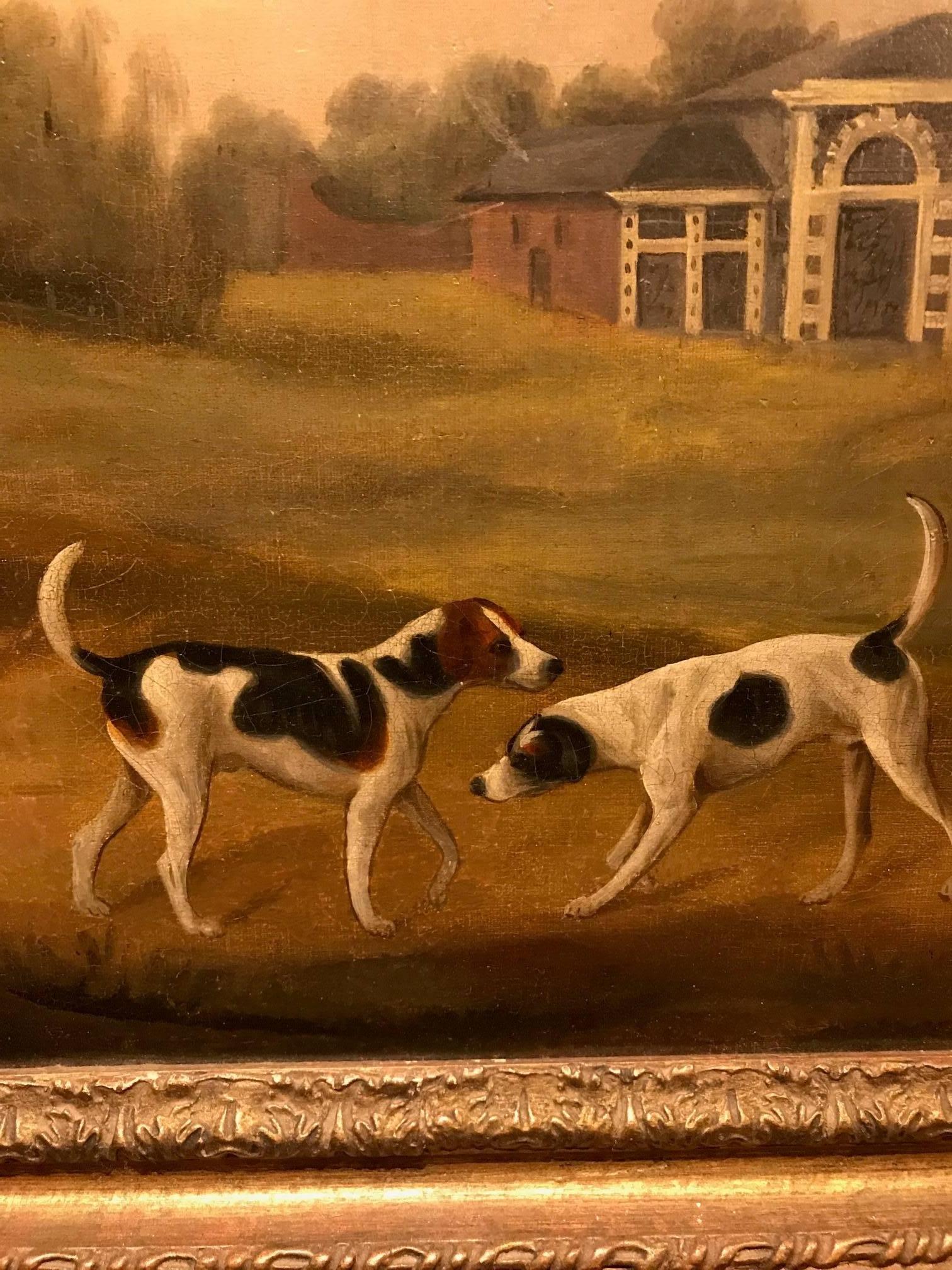 A Favourite Hunter and Hounds outside Elegant Stables, a Church in the Distance - Brown Animal Painting by Unknown