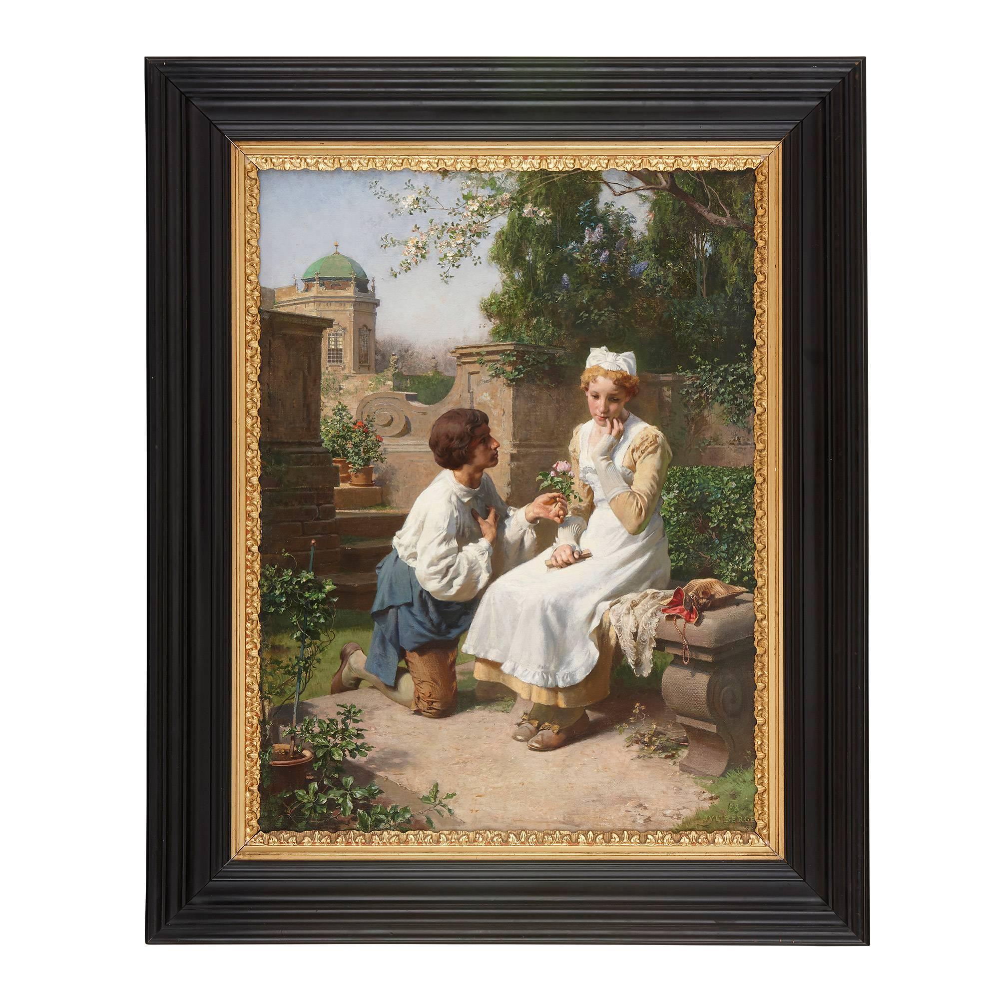 Figurative Painting Julius Victor Berger - la demande en mariage romantique dans les jardins":: peinture à l'huile du 19e siècle représentant un couple